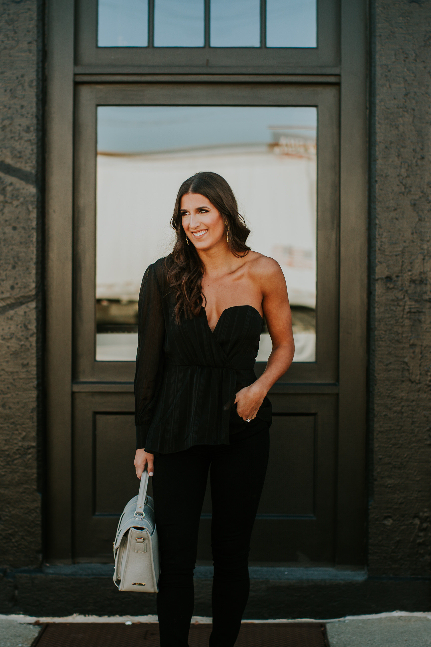 one shoulder blouse, one shoulder top, new years eve, new years outfit, holiday outfit, winter style, all black outfit, gigi new york satchel // grace wainwright a southern drawl