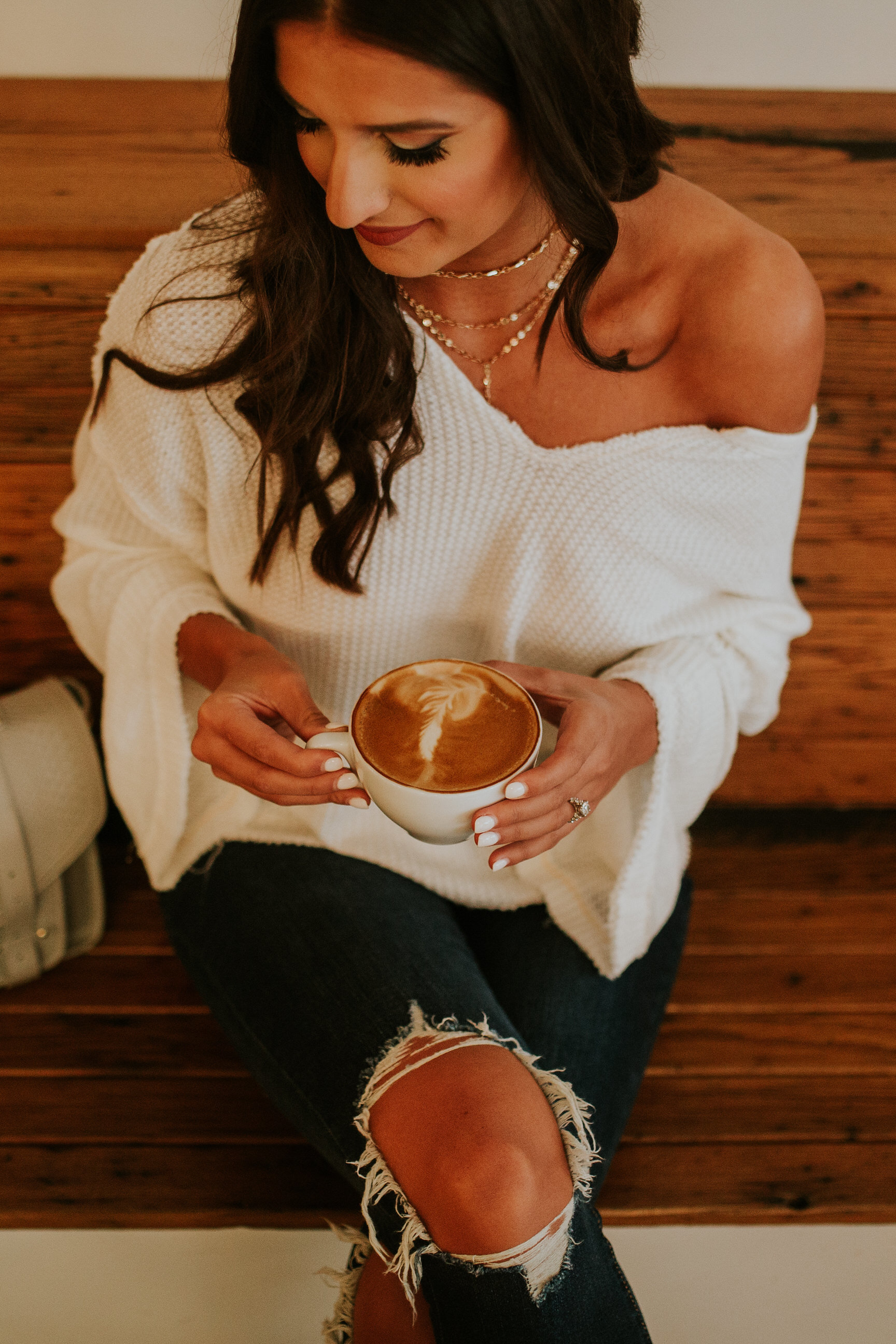 coffee shop outfit, thermal top, off the shoulder top, cozy style, cozy outfit ideas, cozy fashion, atlantic no 5 louisville ky, louisville coffee shops, baublebar y chain necklace, gold layered necklaces, levis denim, levis distressed jeans // grace a southern drawl 