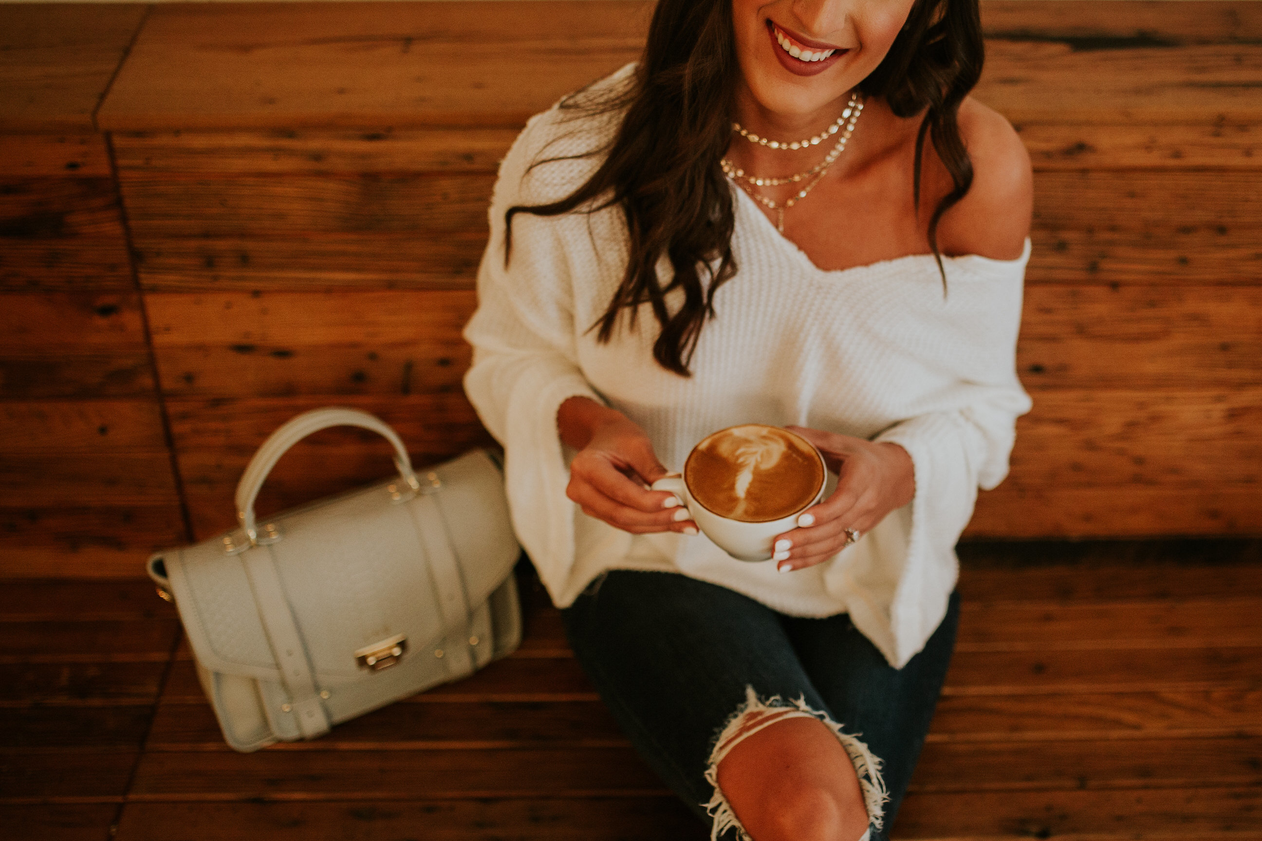 coffee shop outfit, thermal top, off the shoulder top, cozy style, cozy outfit ideas, cozy fashion, atlantic no 5 louisville ky, louisville coffee shops, baublebar y chain necklace, gold layered necklaces, levis denim, levis distressed jeans // grace a southern drawl 