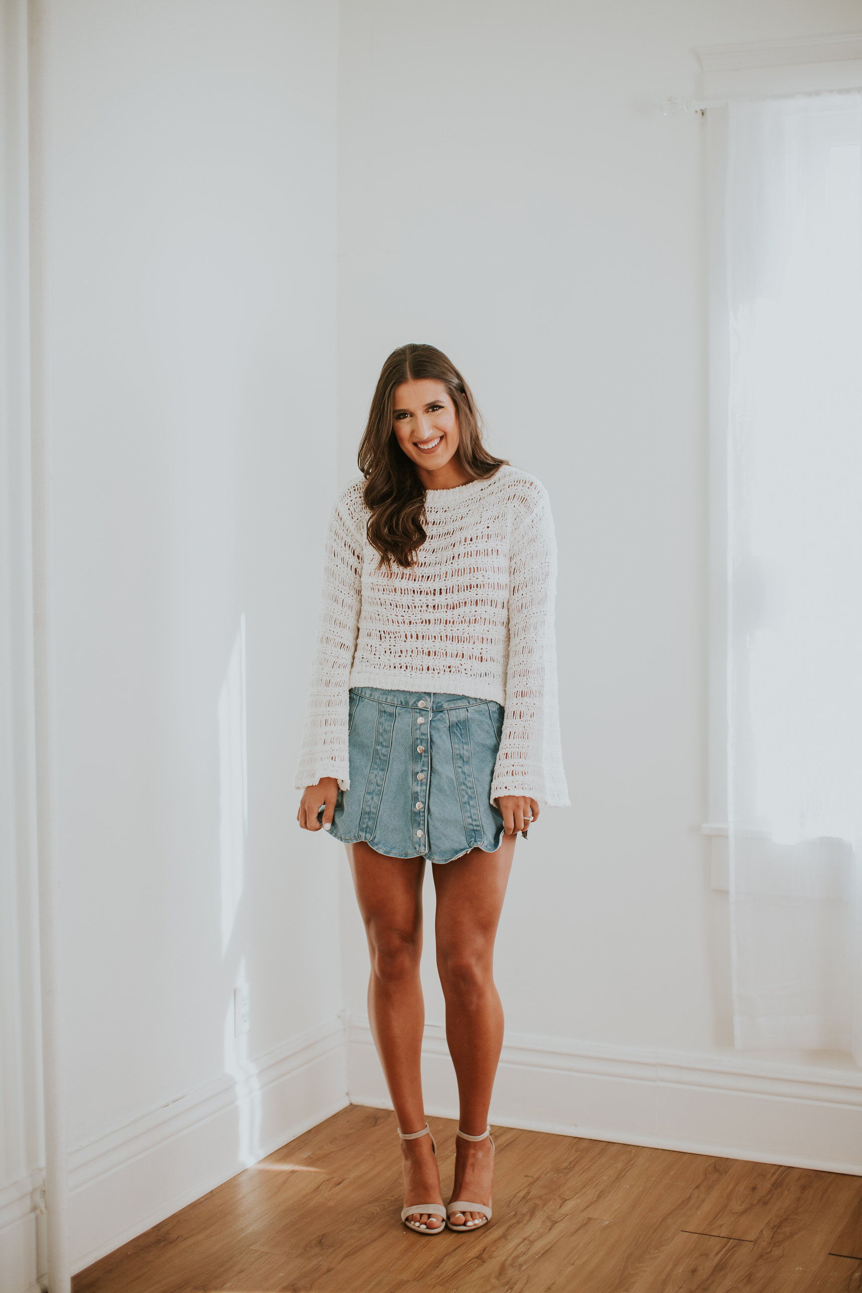 open stitch sweater, ladder stitch sweater, free people bralette, free people adella bralette, understated leather scalloped snap skirt, scallop snap skirt, denim skirt, scallop denim skirt, bell sleeve sweater, steve madden carrson sandal, spring fashion, spring outfits, spring outfit ideas, spring style // grace wainwright a southern drawl