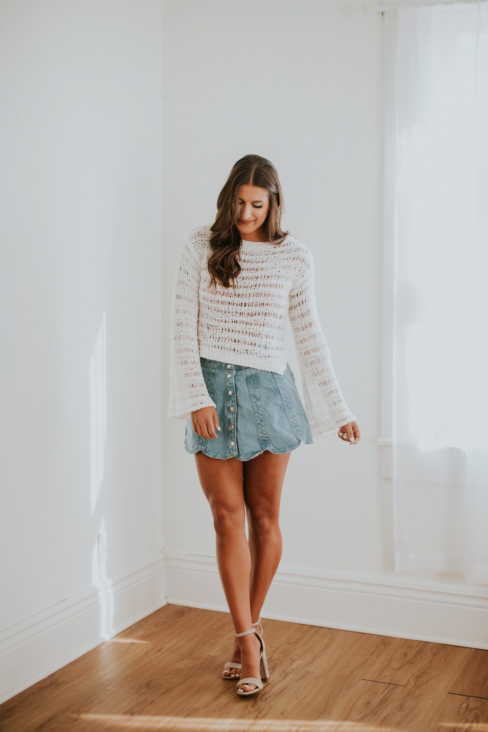 open stitch sweater, ladder stitch sweater, free people bralette, free people adella bralette, understated leather scalloped snap skirt, scallop snap skirt, denim skirt, scallop denim skirt, bell sleeve sweater, steve madden carrson sandal, spring fashion, spring outfits, spring outfit ideas, spring style // grace wainwright a southern drawl