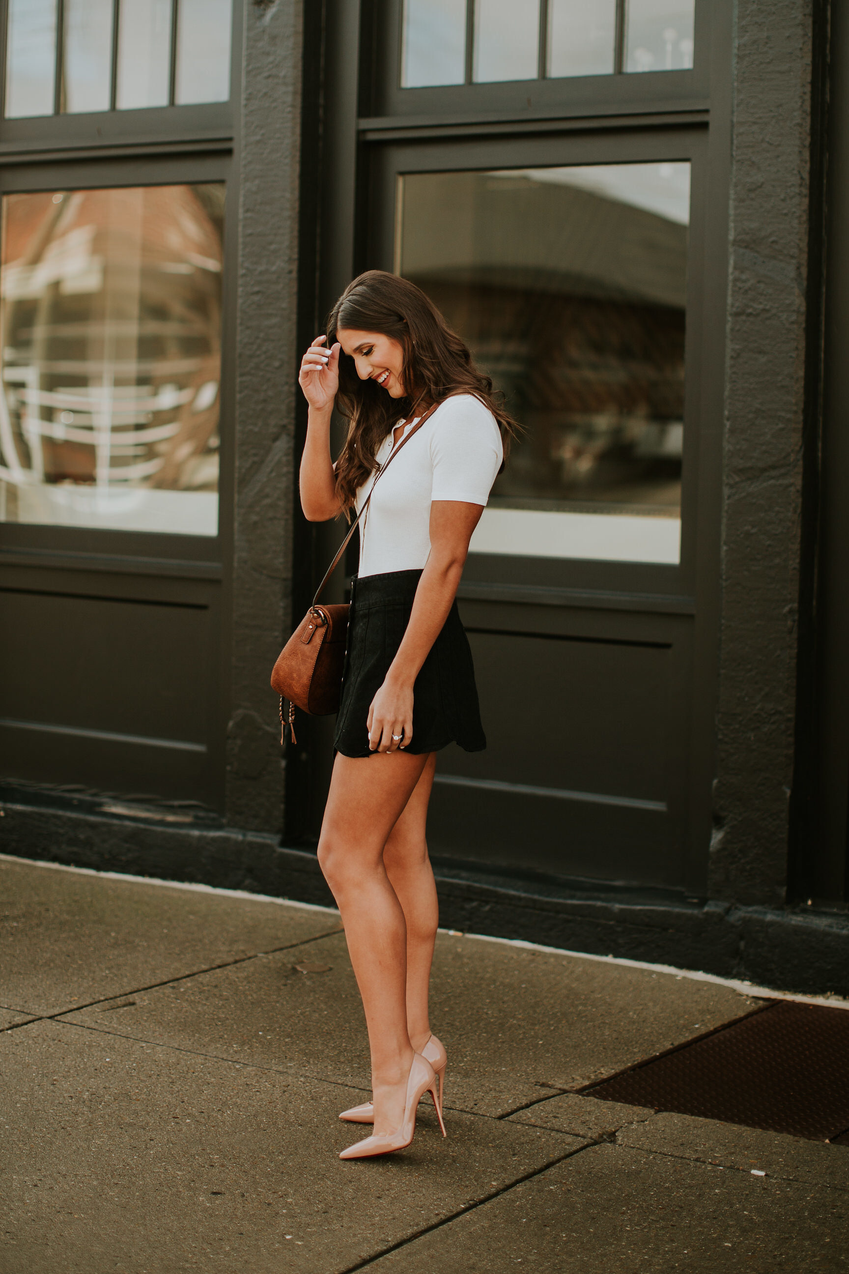 scallop denim skirt, understated leather skirt, denim skirt, jean skirt, tee bodysuit, privacy please, christian louboutin so kate pumps, sole society saddle bag, sole society purse, sole society bags, casual style, feminine style // grace wainwright a southern drawl