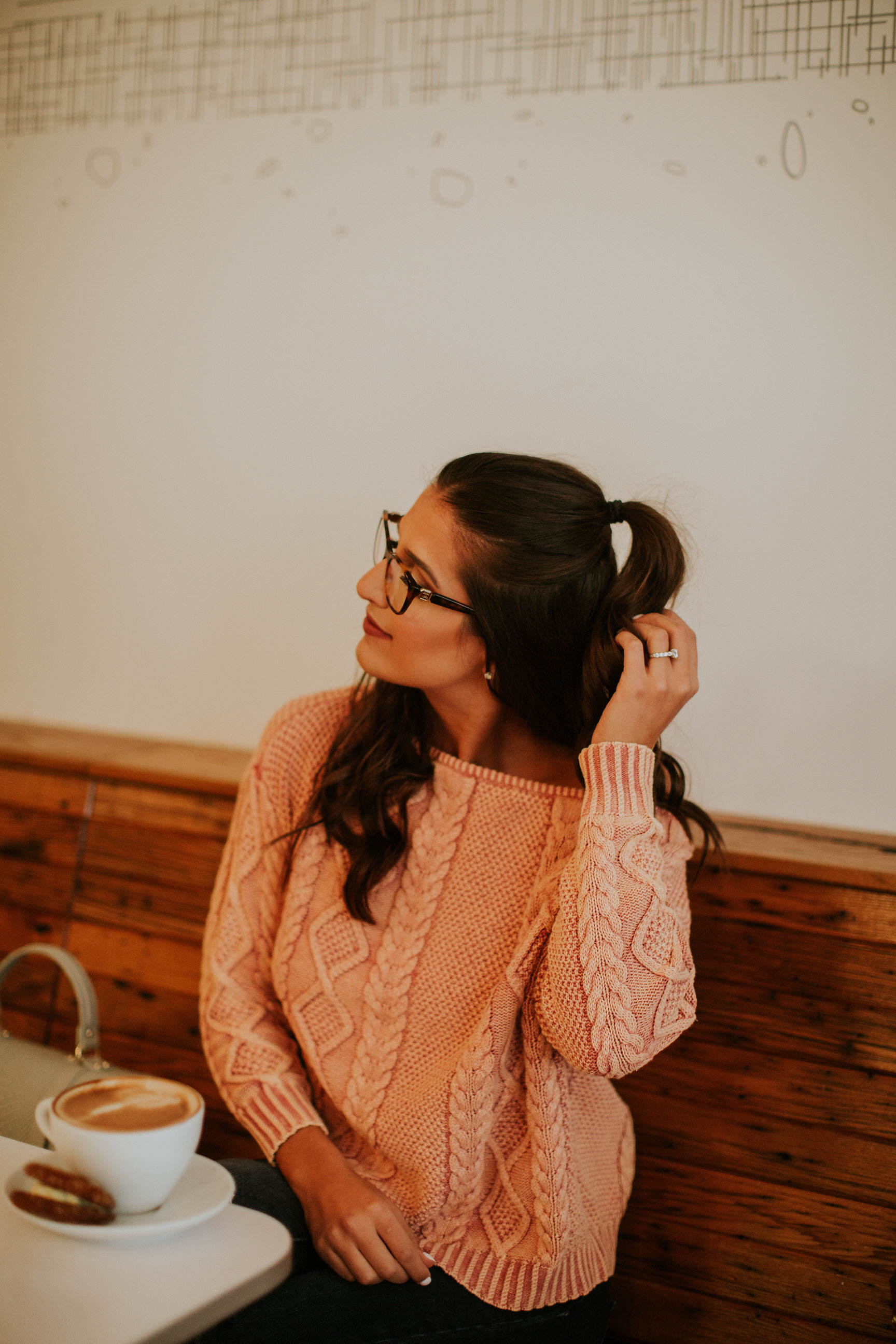 off the shoulder cable knit sweater, cable sweater, cozy sweater, reading glasses, coffee shop sweater, winter style, cozy winter fashion, winter outfit, halogen booties // grace wainwright a southern drawl