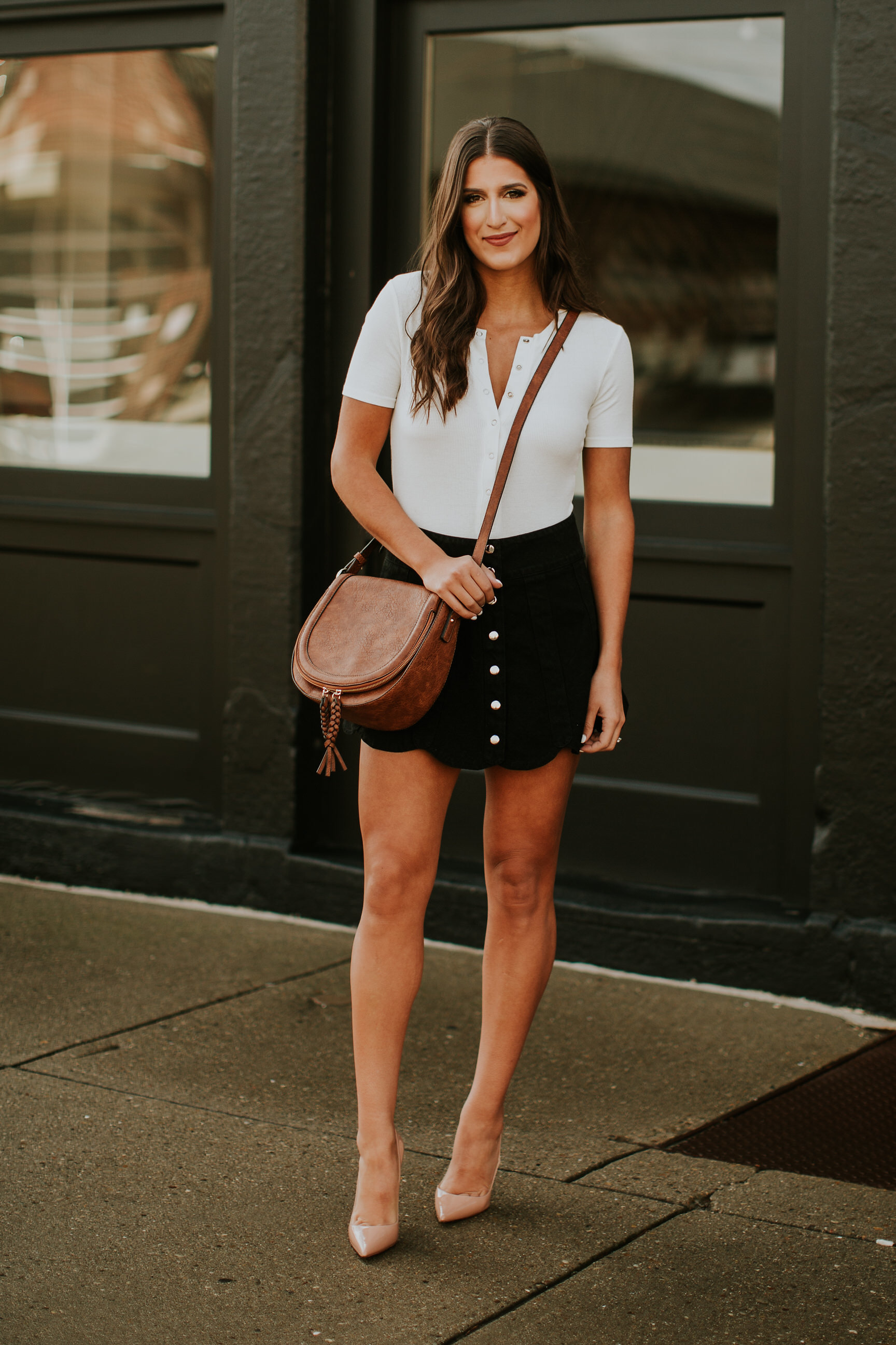 scallop denim skirt, understated leather skirt, denim skirt, jean skirt, tee bodysuit, privacy please, christian louboutin so kate pumps, sole society saddle bag, sole society purse, sole society bags, casual style, feminine style // grace wainwright a southern drawl