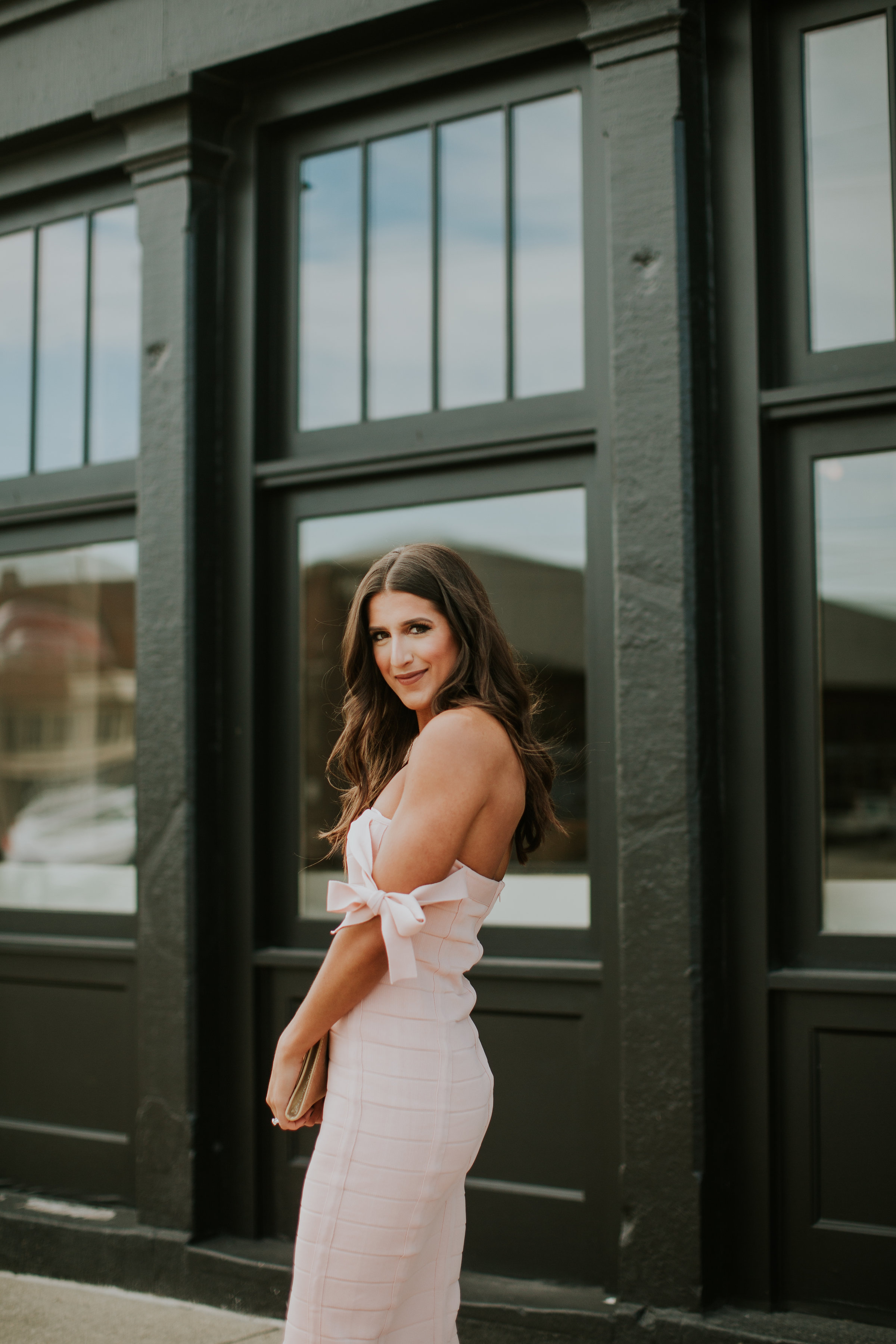 valentine's day outfit, pink off the shoulder dress, pink bow dress, pink bandage dress, valentines day dress, galentines day dress, wedding guest dress, cocktail dresses, cute cocktail dress, christian louboutin so kate pumps // grace wainwright a southern drawl