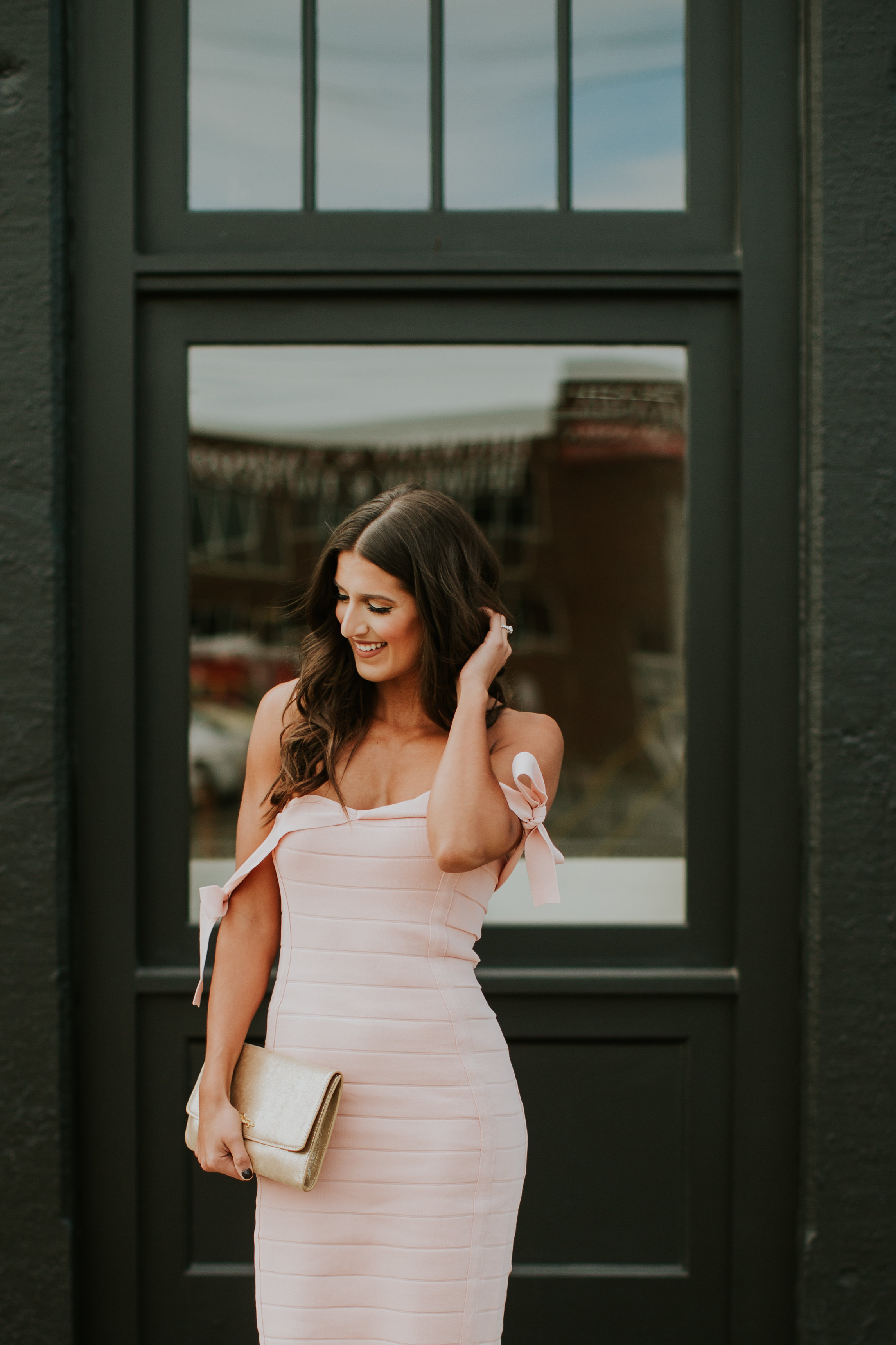 valentine's day outfit, pink off the shoulder dress, pink bow dress, pink bandage dress, valentines day dress, galentines day dress, wedding guest dress, cocktail dresses, cute cocktail dress, christian louboutin so kate pumps // grace wainwright a southern drawl
