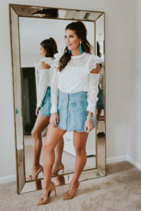 kendra scott spring collection, kendra scott justyne earrings, kendra scott jewelry, kendra scott amazonite earrings, denim skirt, front button skirt, endless rose top, feminine outfit, spring fashion, spring outfit ideas // grace wainwright a southern drawl