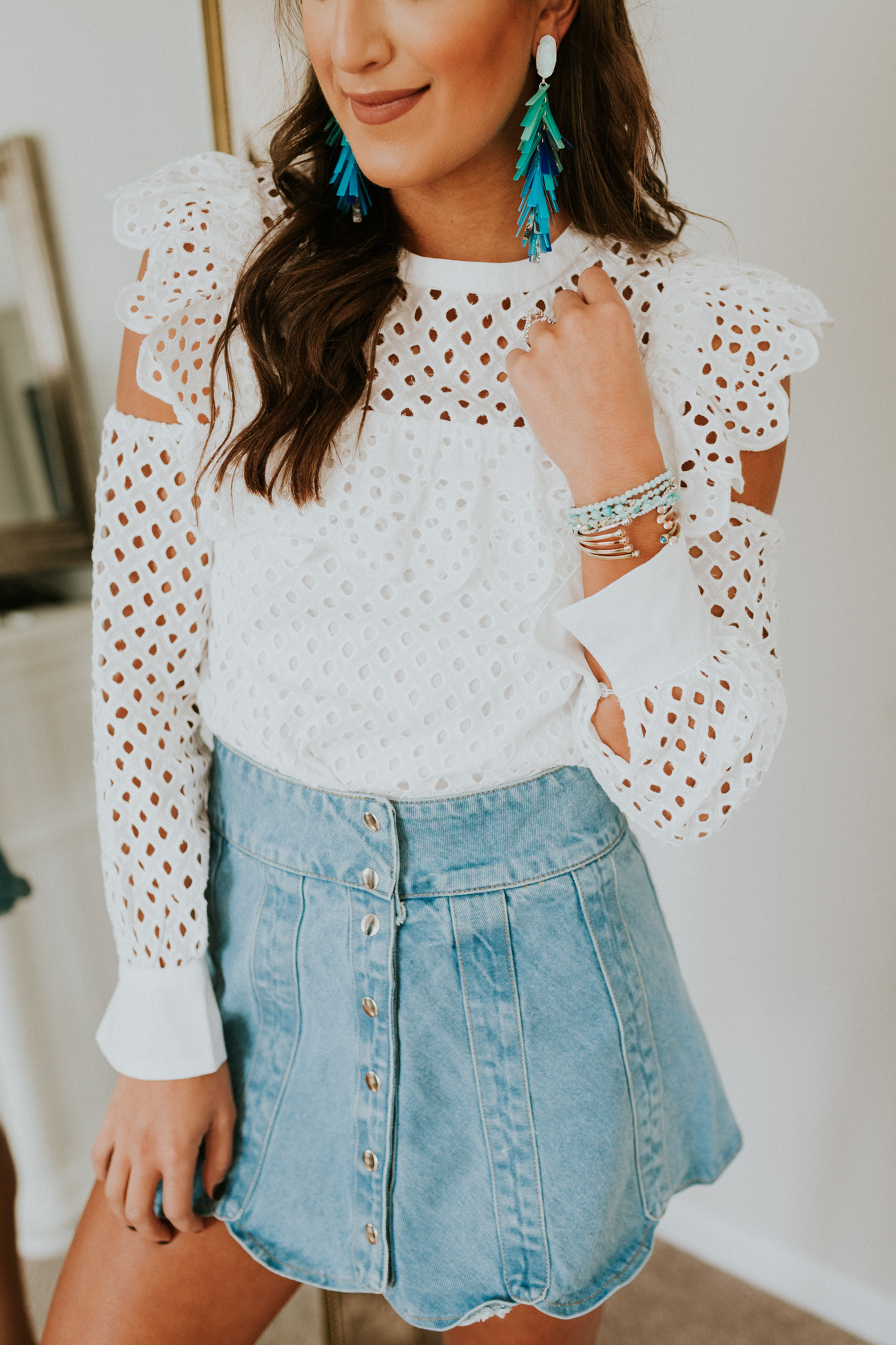 kendra scott spring collection, kendra scott justyne earrings, kendra scott jewelry, kendra scott amazonite earrings, denim skirt, front button skirt, endless rose top, feminine outfit, spring fashion, spring outfit ideas // grace wainwright a southern drawl