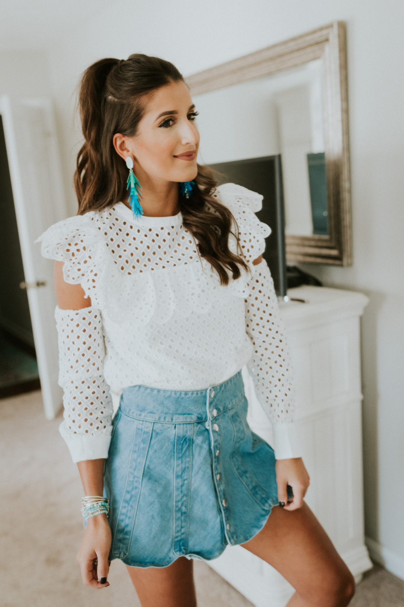 kendra scott spring collection, kendra scott justyne earrings, kendra scott jewelry, kendra scott amazonite earrings, denim skirt, front button skirt, endless rose top, feminine outfit, spring fashion, spring outfit ideas // grace wainwright a southern drawl