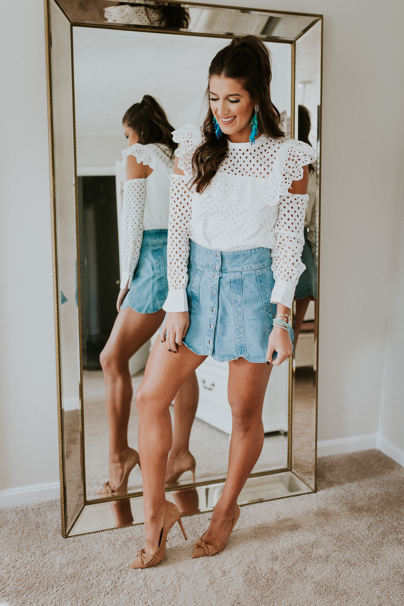 kendra scott spring collection, kendra scott justyne earrings, kendra scott jewelry, kendra scott amazonite earrings, denim skirt, front button skirt, endless rose top, feminine outfit, spring fashion, spring outfit ideas // grace wainwright a southern drawl