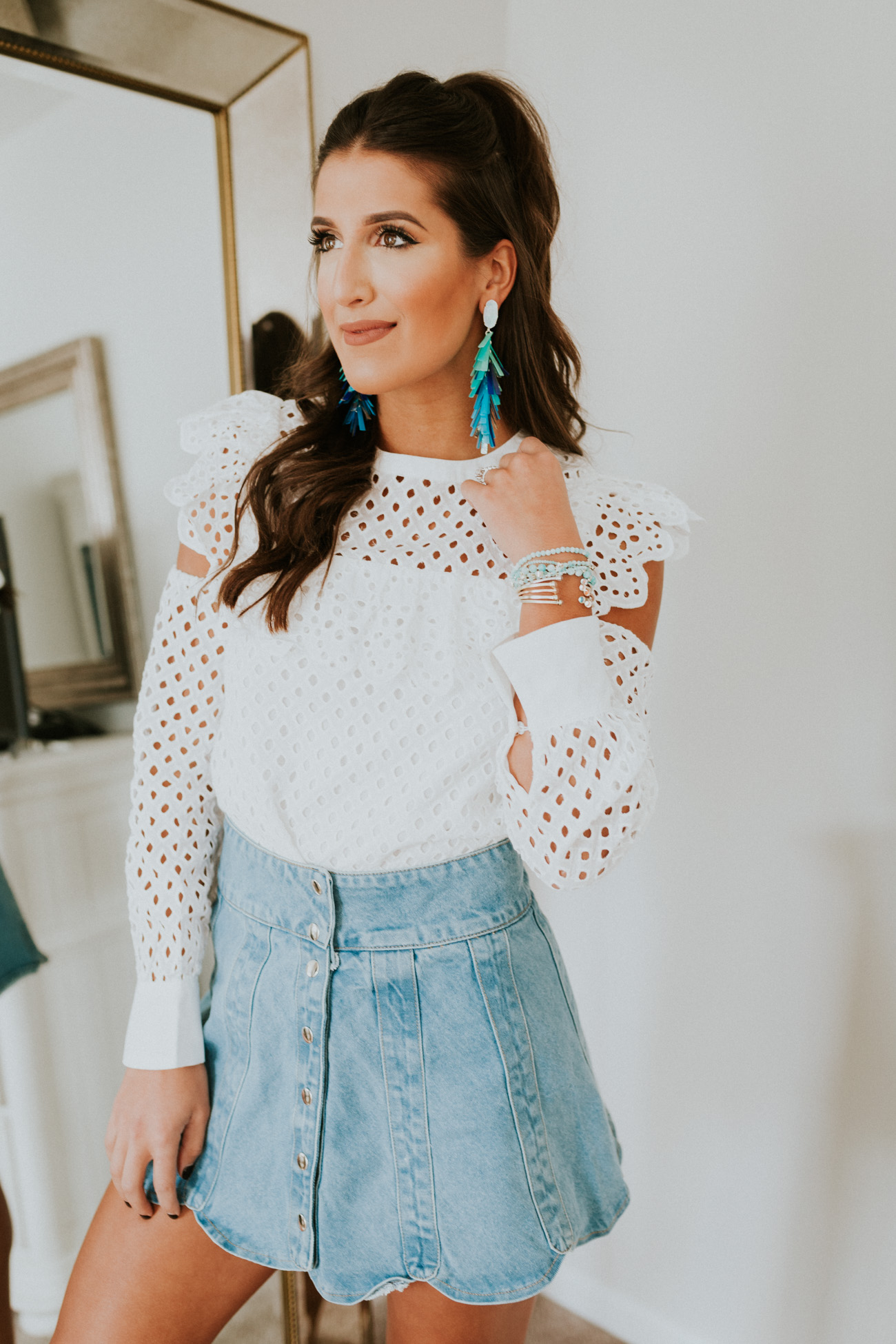 kendra scott spring collection, kendra scott justyne earrings, kendra scott jewelry, kendra scott amazonite earrings, denim skirt, front button skirt, endless rose top, feminine outfit, spring fashion, spring outfit ideas // grace wainwright a southern drawl