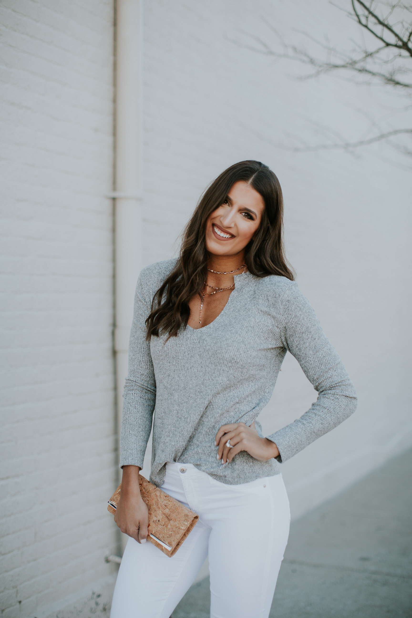 lightweight gray pullover, gray socialite sweater, gray v neck sweater, gray pullover sweater, affordable outfit, affordable style, affordable fashion, white denim, spring style, spring fashion, 