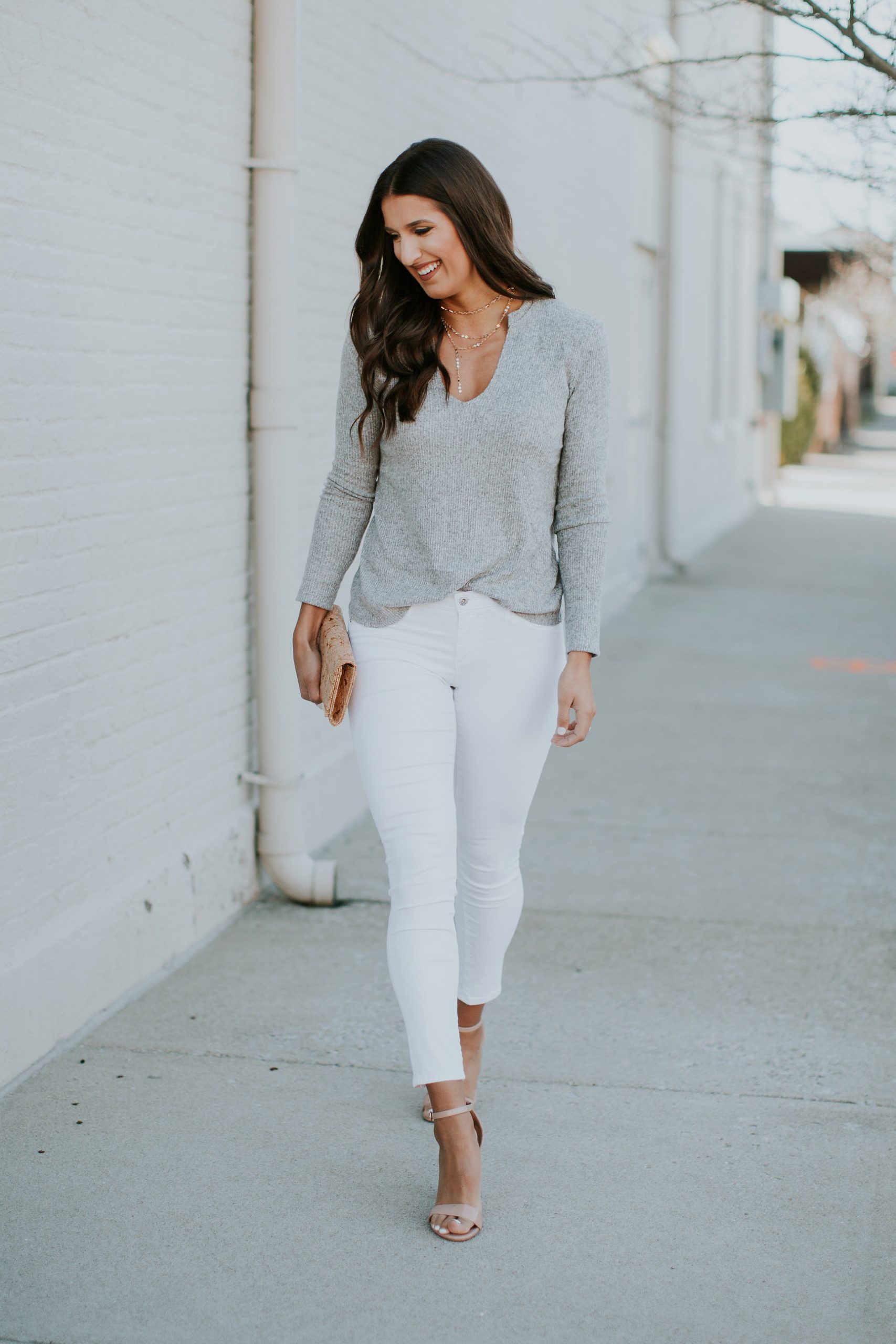 lightweight gray pullover, gray socialite sweater, gray v neck sweater, gray pullover sweater, affordable outfit, affordable style, affordable fashion, white denim, spring style, spring fashion,