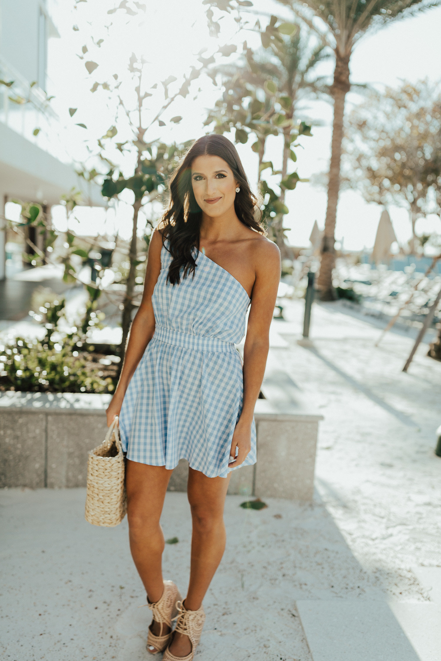 gingham one shoulder dress, gingham check dress, gingham dress, gingham dresses, vacation dresses, vacation style, vacation fashion, vacation outfit, straw beach tote, straw tote, hat attack tote, jeffrey campbell sandals, zota beach resort // grace wainwright a southern drawl
