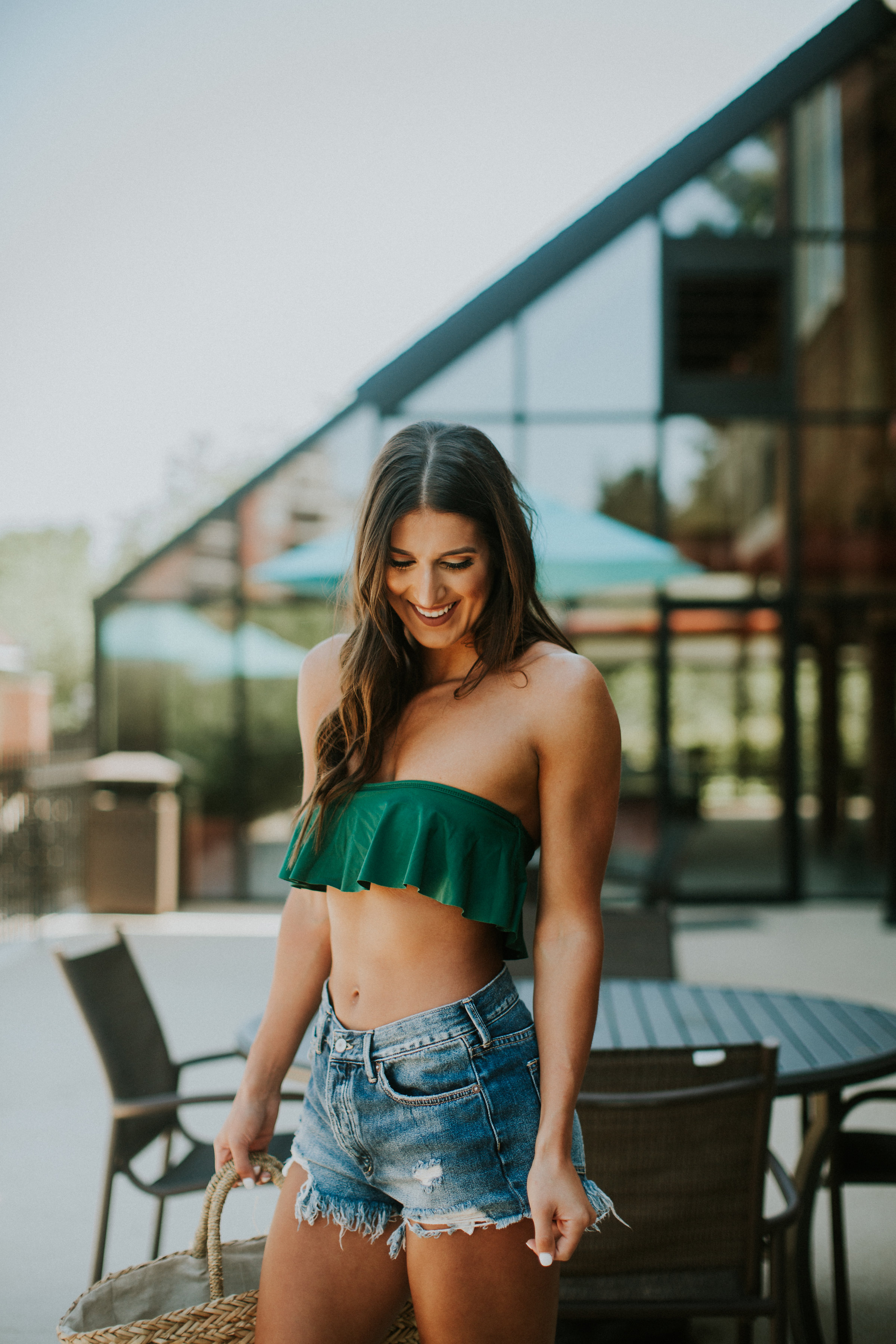 everything but water bikini, lspace bikinis, emerald bikini, bikini season, summer bikini, vacation bikini, vacation style, bikini style, bikini fashion, denim cutoffs, emerald ruffle bikini, bikini body, fitwithasd, a southern drawl fitness, the overlook at st.  thomas apartments // grace wainwright