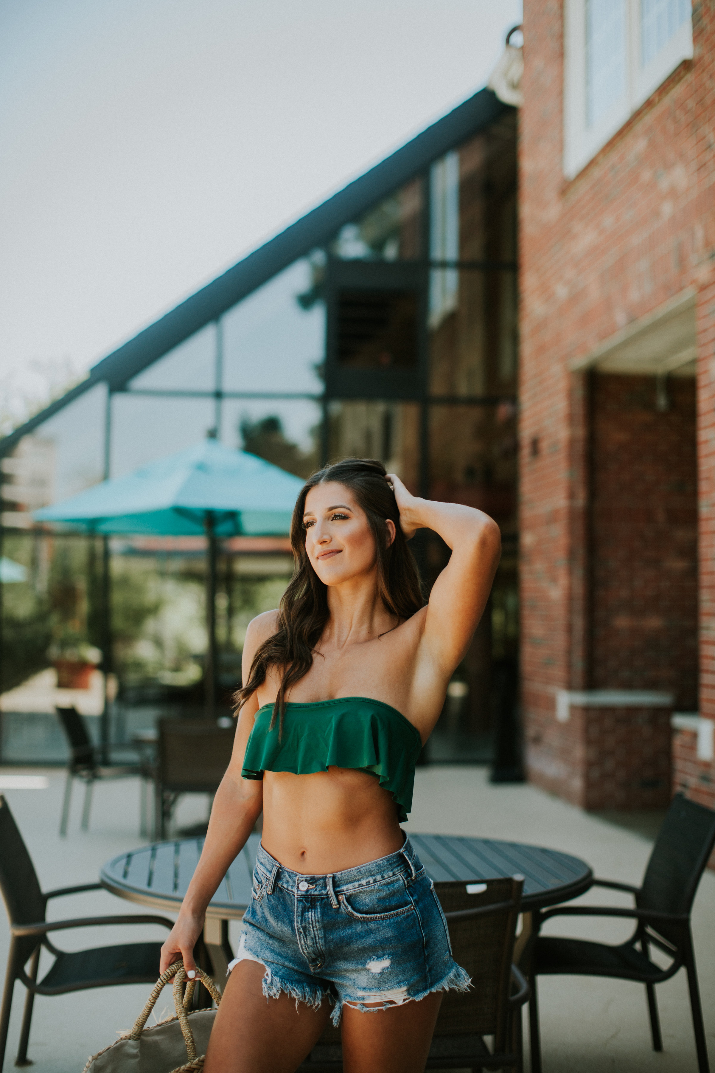 everything but water bikini, lspace bikinis, emerald bikini, bikini season, summer bikini, vacation bikini, vacation style, bikini style, bikini fashion, denim cutoffs, emerald ruffle bikini, bikini body, fitwithasd, a southern drawl fitness, the overlook at st.  thomas apartments // grace wainwright