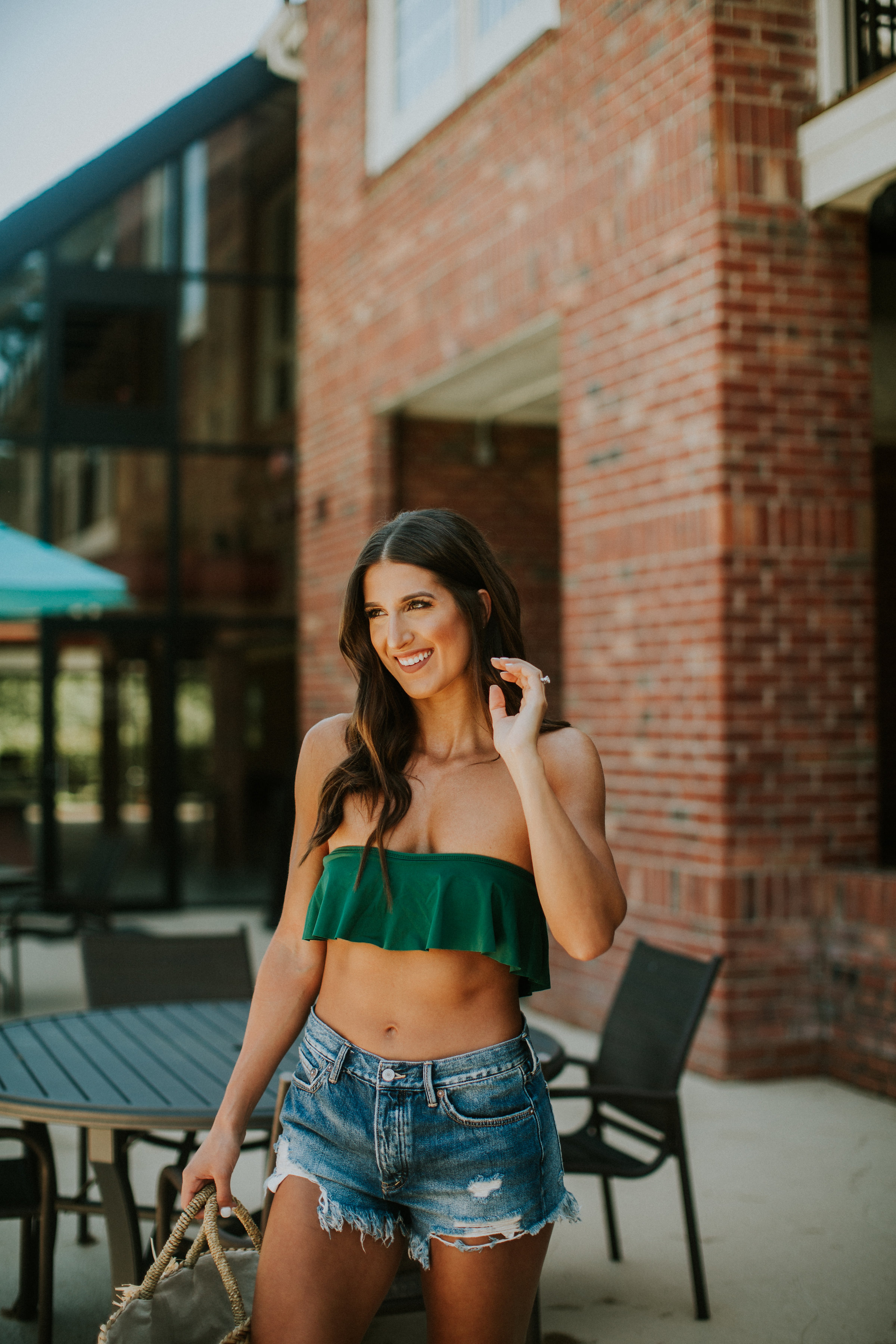 everything but water bikini, lspace bikinis, emerald bikini, bikini season, summer bikini, vacation bikini, vacation style, bikini style, bikini fashion, denim cutoffs, emerald ruffle bikini, bikini body, fitwithasd, a southern drawl fitness, the overlook at st.  thomas apartments // grace wainwright