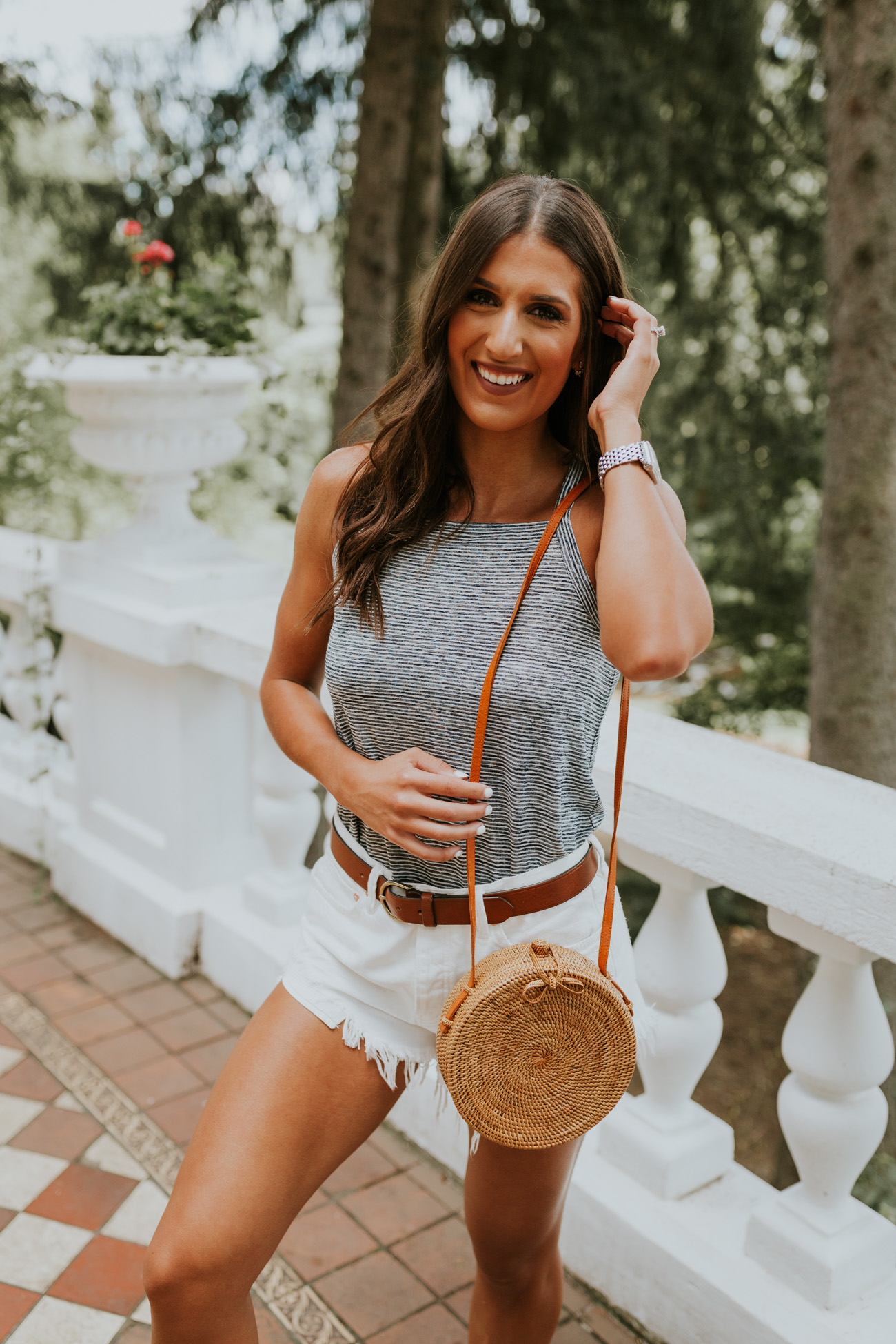 loft stripe tank, stripe tanks, stripe outfit, fourth of july outfit, fourth of july style, july fourth outfit, american inspired outfit, straw crossbody bag, cute slides, cute slip on sneakers // grace wainwright grace white a southern drawl