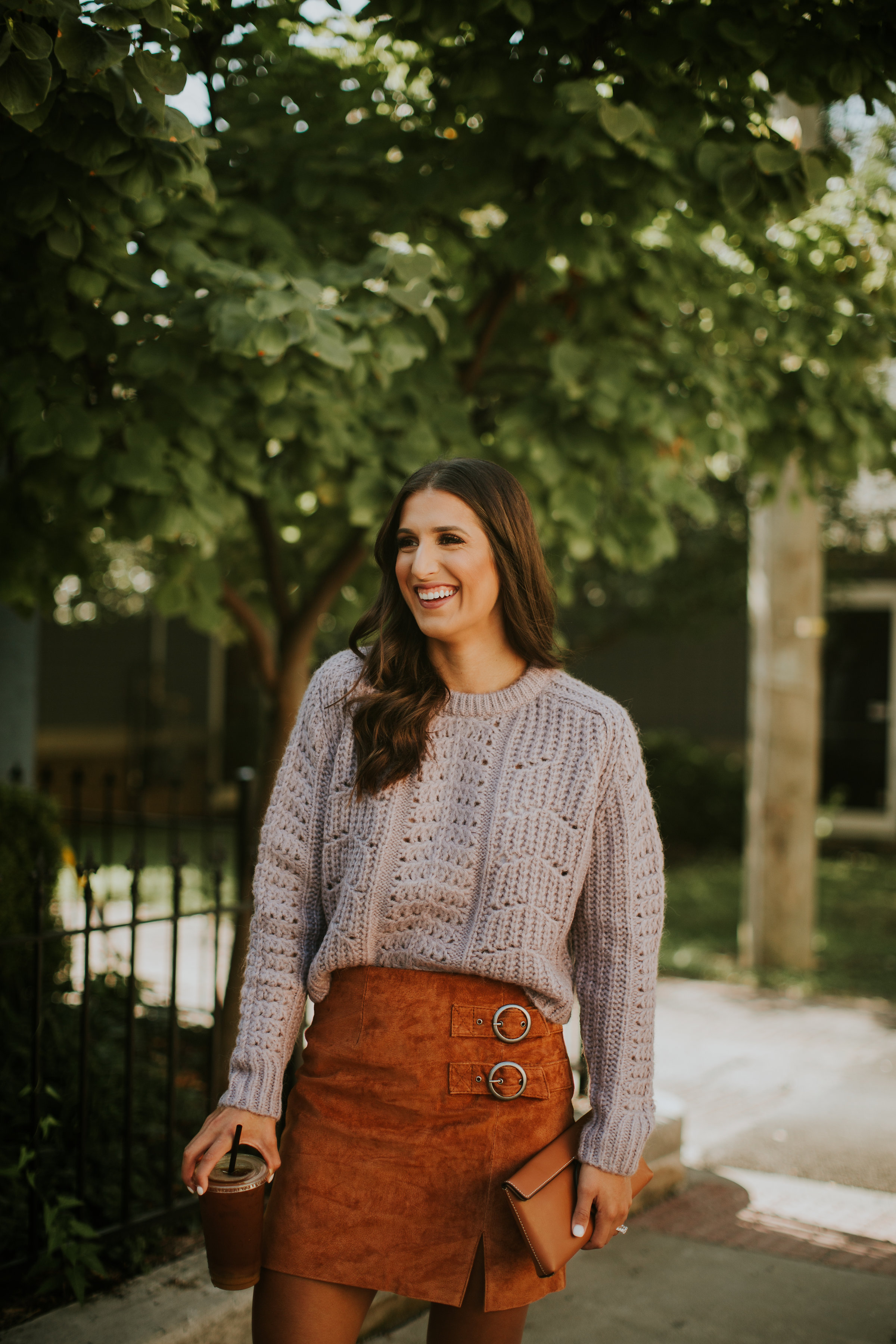 fall suede skirt, lavender sweater, lavender pullover, cognac clutch, buckle skirt, fall style, fall fashion, fall inspo, fall outfit, fall style, nordstrom outfit, nordstrom style, sock booties, steve madden sock booties, fall fashion style // grace wainwright grace white a southern drawl