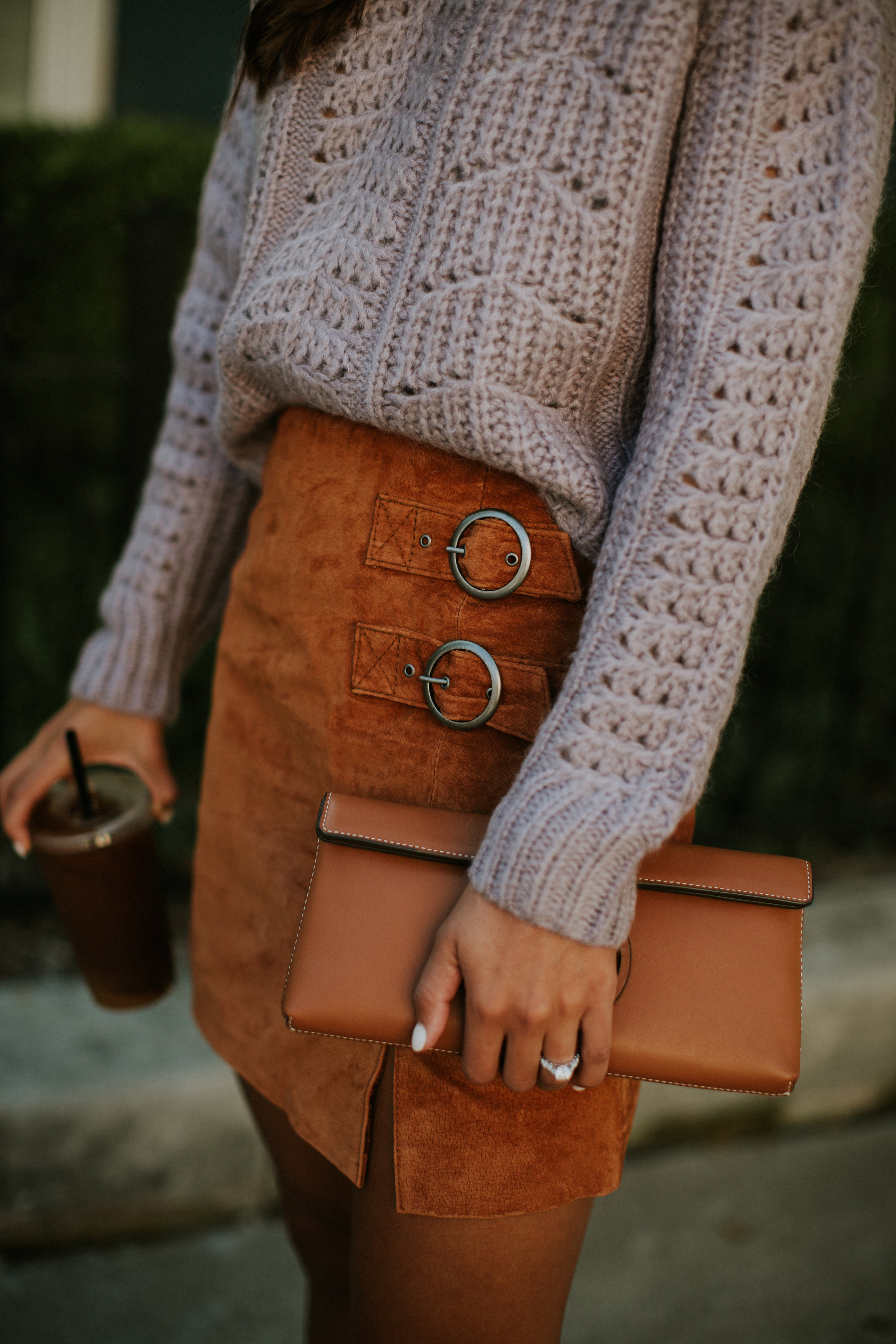fall suede skirt, lavender sweater, lavender pullover, cognac clutch, buckle skirt, fall style, fall fashion, fall inspo, fall outfit, fall style, nordstrom outfit, nordstrom style, sock booties, steve madden sock booties, fall fashion style // grace wainwright grace white a southern drawl