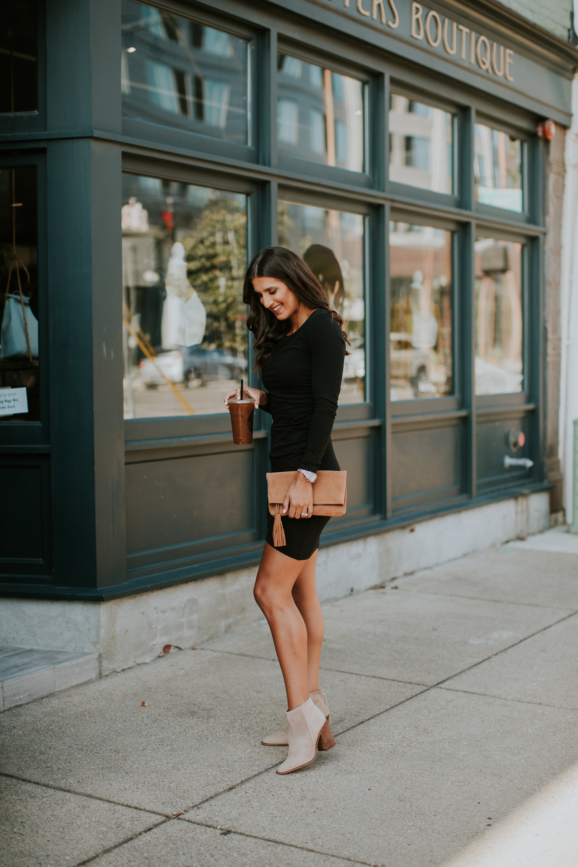 ruched long sleeve dress, ruched dress, leith dress, leith ruched dress, leith foldover clutch, suede foldover clutch, fall booties, steve madden booties, steve madden boots, perforated booties, fall style, fall fashion, fall boots, fall inspo, nordstrom outfit, cute fall outfit // grace wainwright grace white a southern drawl