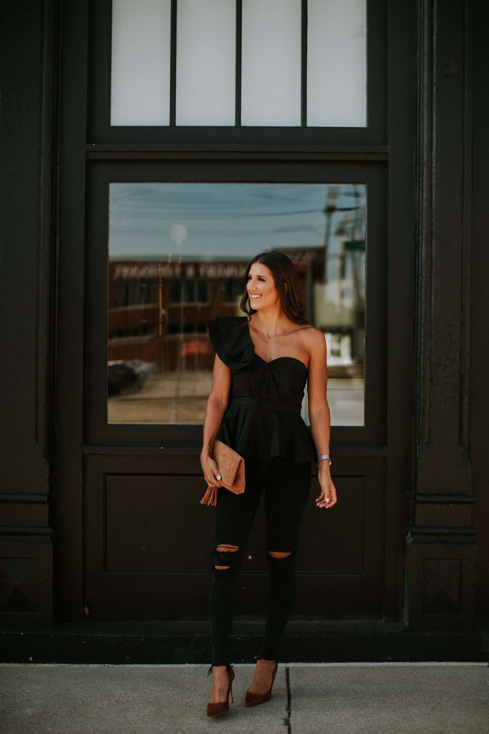 asymmetrical top, one shoulder top, one shoulder blouse, distressed denim, suede pumps, suede heels, steve madden daisie heels, all black outfit, chic style, fall style, fall fashion, fall inspo // grace wainwright grace white a southern drawl
