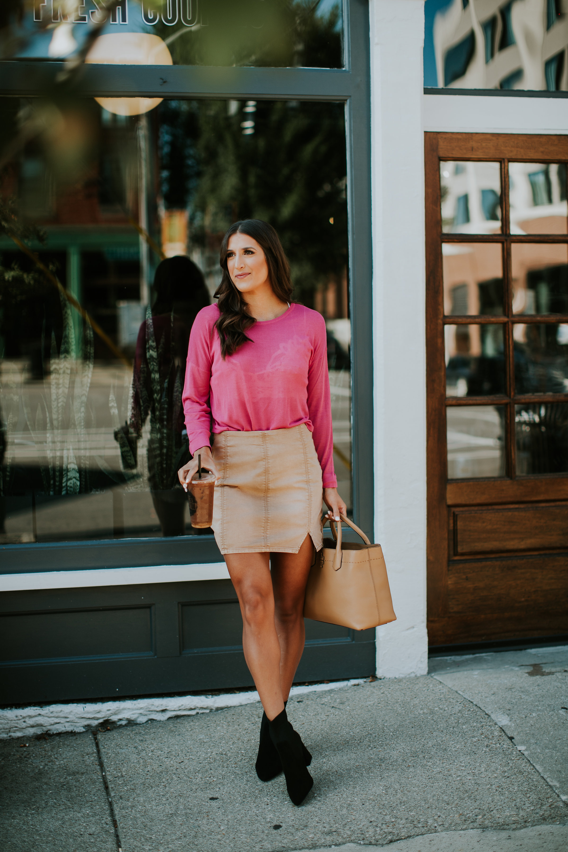 lightweight pullover sweater, khaki skirt, free people skirt, suede skirt, beige skirt, neutral skirt, sock bootie, steve madden sock bootie, sock boots, fuchsia sweater, fall style, fall fashion, fall inspo, cozy style // grace wainwright grace white a southern drawl
