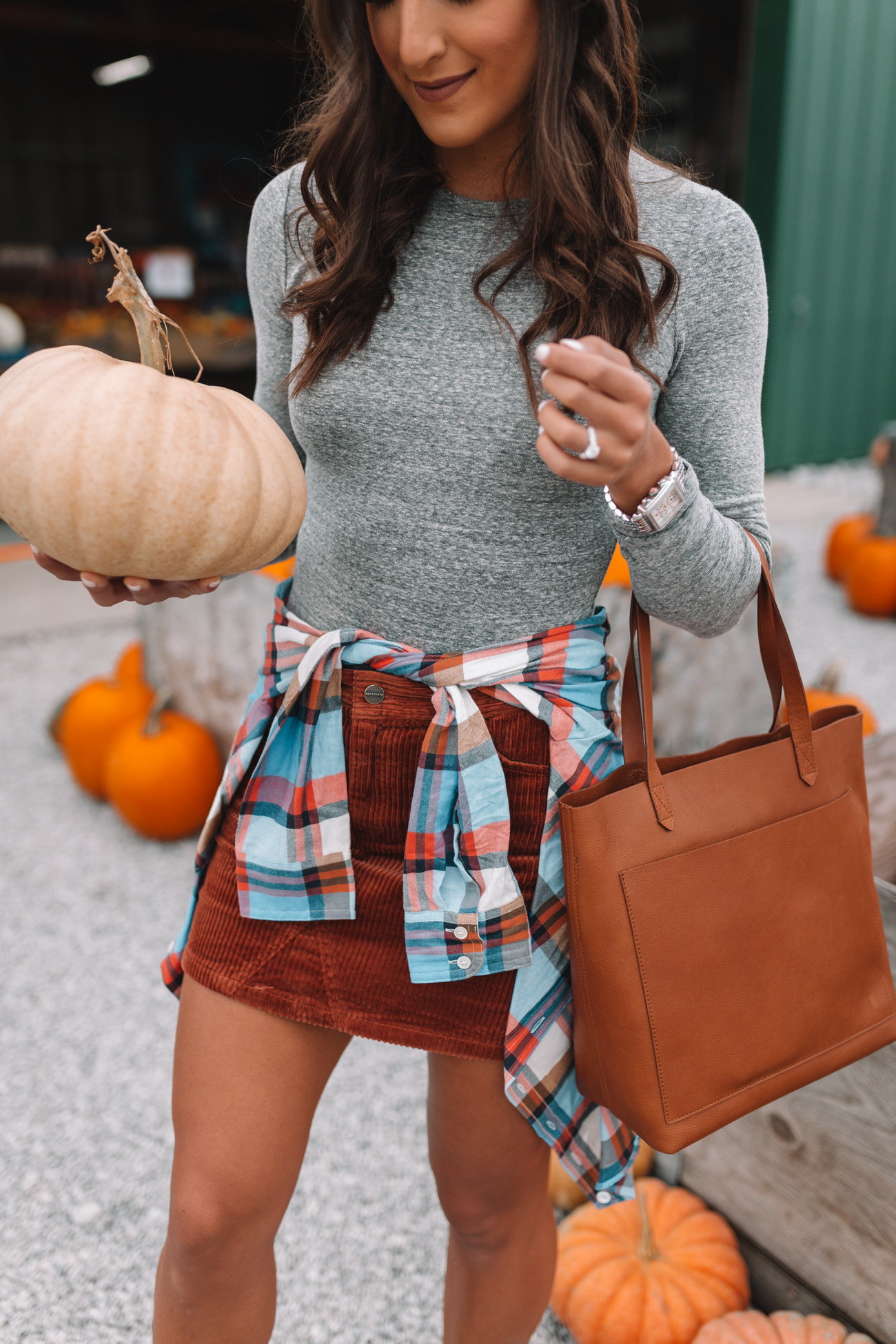 Pumpkin Patch Outfit, corduroy skirt, madewell crewneck bodysuit, fall style, fall fashion, fall outfit, fall flannel, plaid flannel // grace wainwright grace white a southern drawl