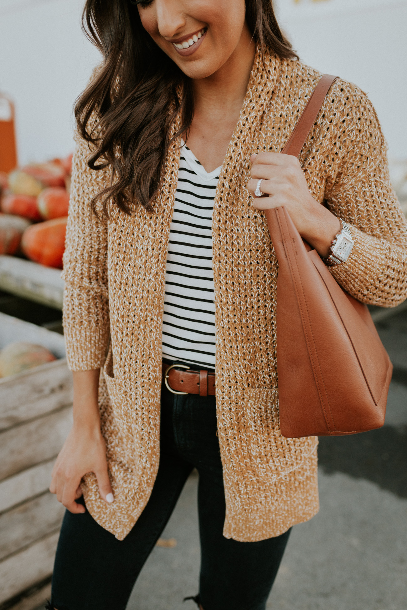 marled cardigan, pumpkin patch outfit, fall style, fall fashion, wedge sneakers, madewell transport tote, stripe outfit, fall stripes, cute fall outfit // grace white a southern drawl