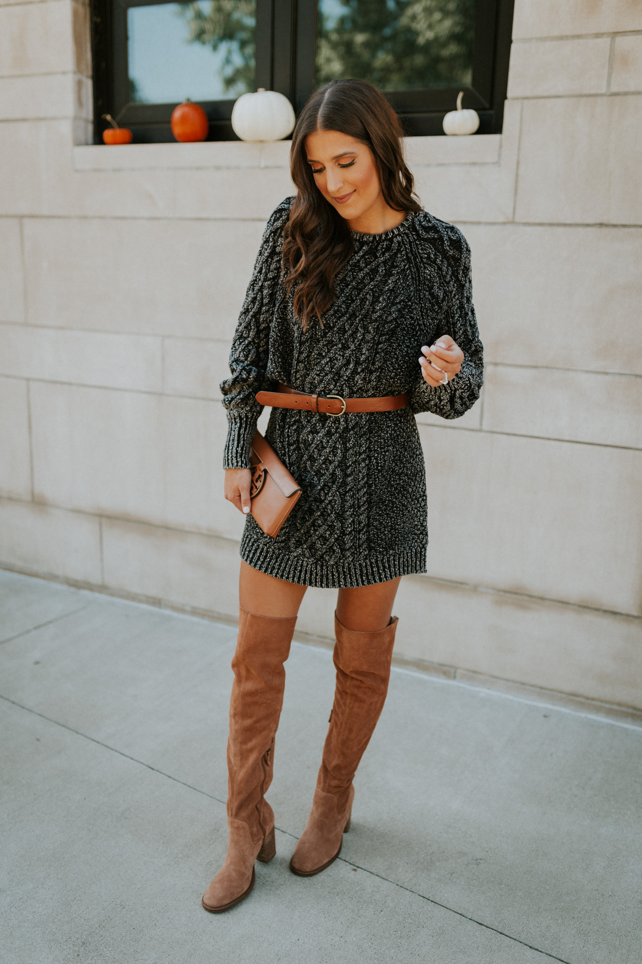 cable knit sweater dress, free people dress, sweater dress, over the knee boots, over the knee suede boot, tory burch miller clutch, fall style, fall outfit, fall inspo, cozy fall outfit // grace white a southern drawl