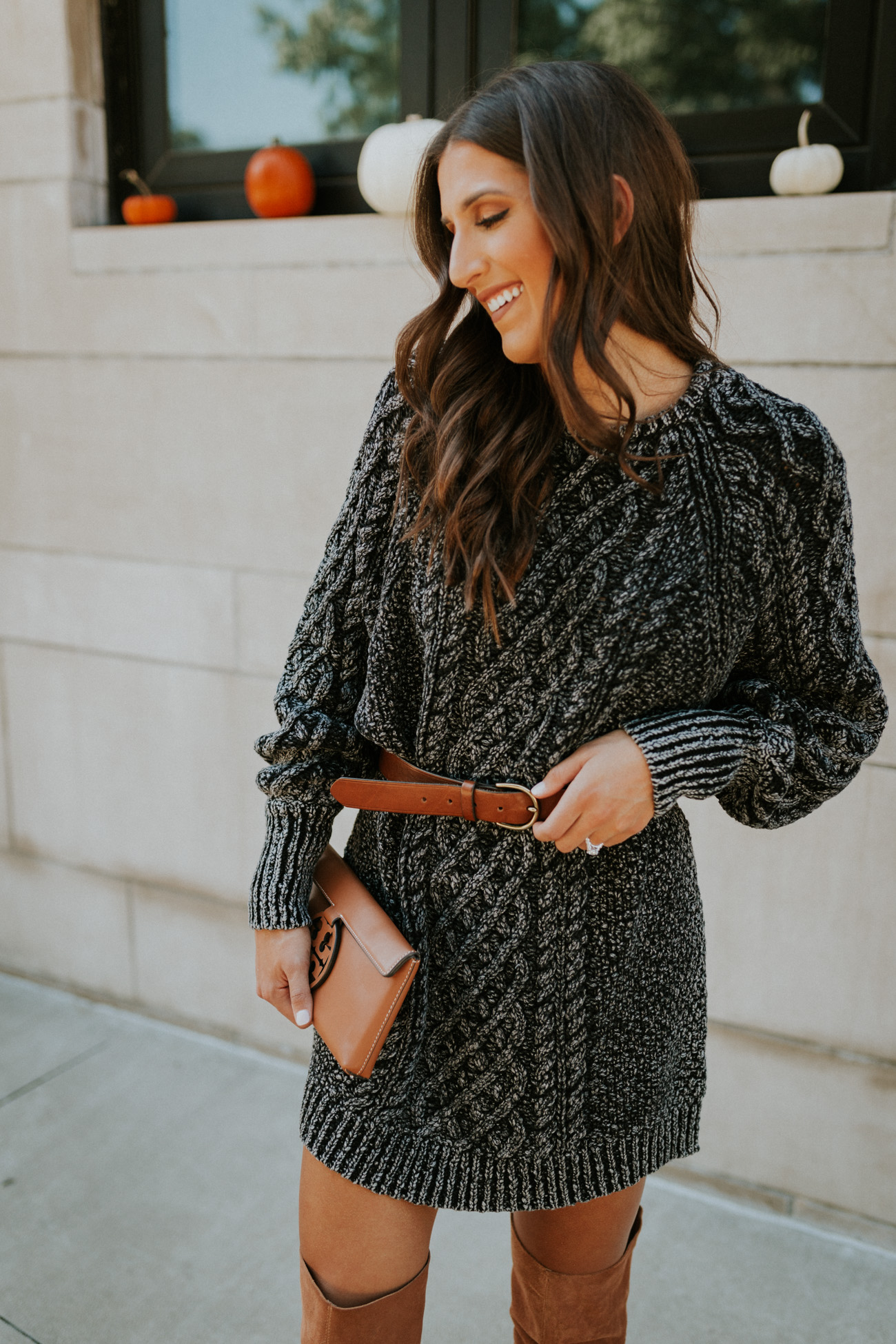 cable knit sweater dress, free people dress, sweater dress, over the knee boots, over the knee suede boot, tory burch miller clutch, fall style, fall outfit, fall inspo, cozy fall outfit // grace white a southern drawl