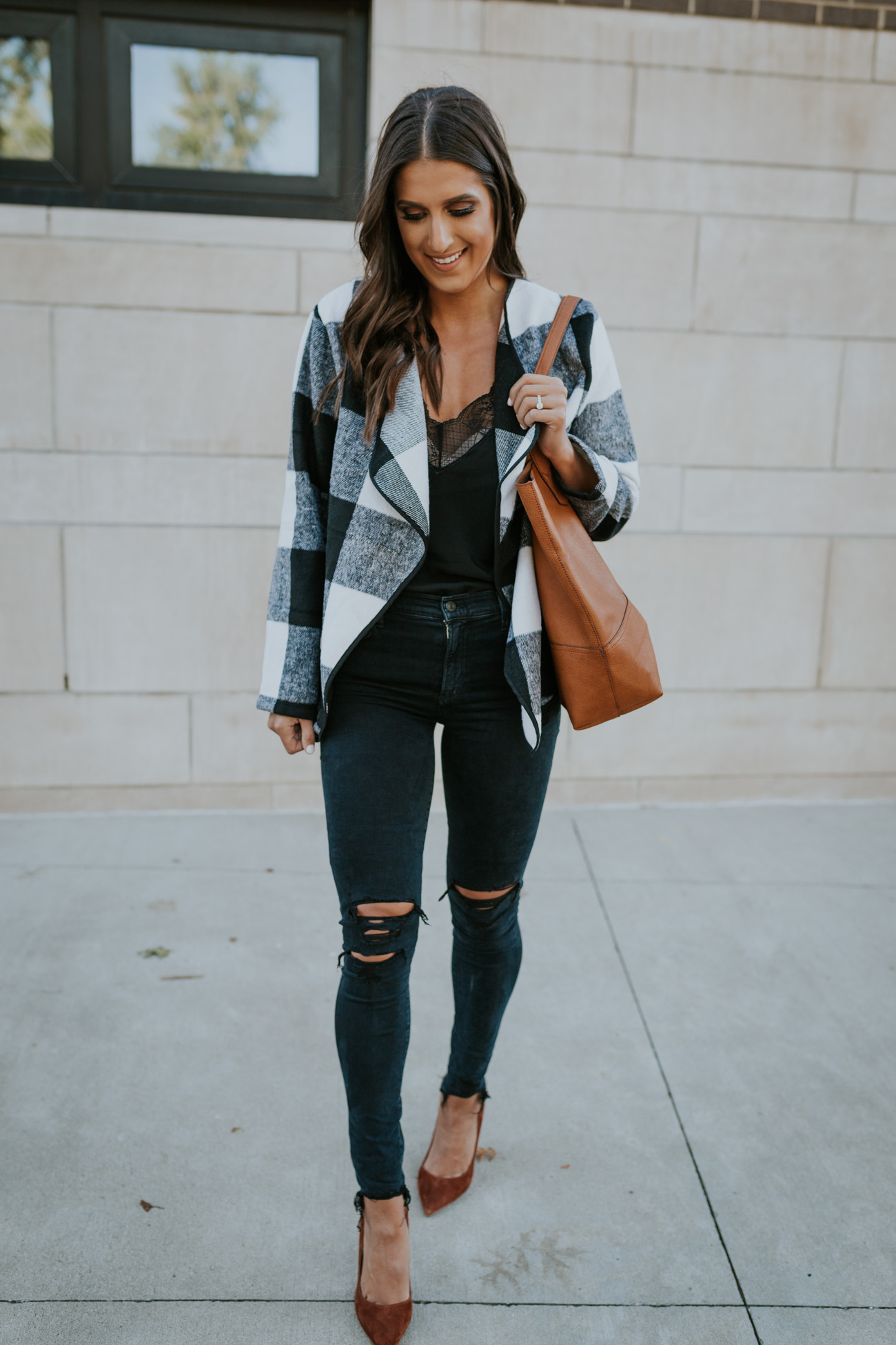 fall buffalo plaid, buffalo plaid jacket, plaid cardigan, fall cardigan, distressed jeans, brown tote, fall plaid outfit, fall plaid cardigan, fall style // grace wainwright grace white a southern drawl