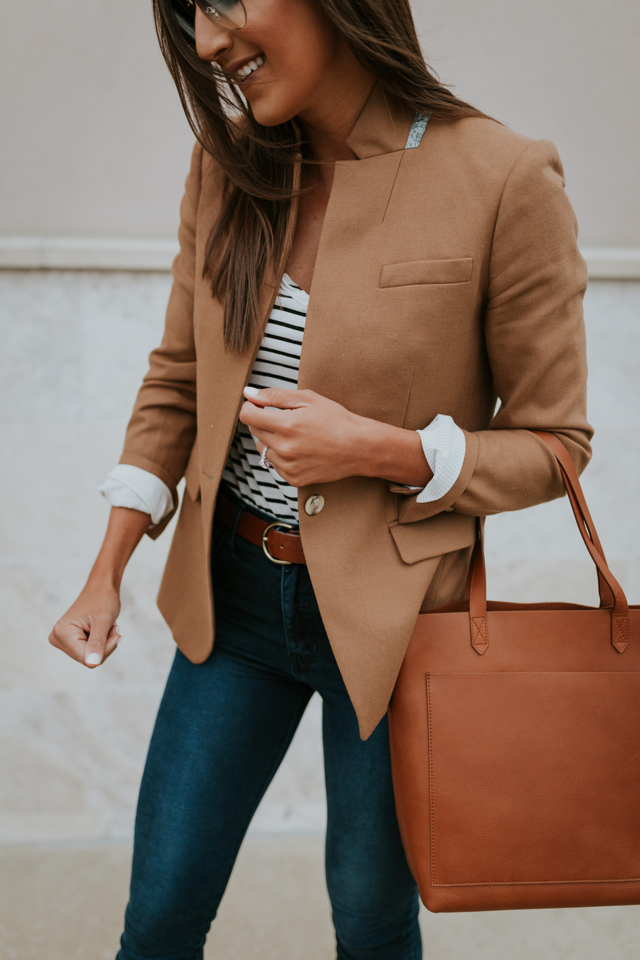 native deodorant, camel blazer, stripe tee, stripe top, cognac booties, fall booties, madewell transport tote, madewell tote // grace wainwright grace white a southern drawl