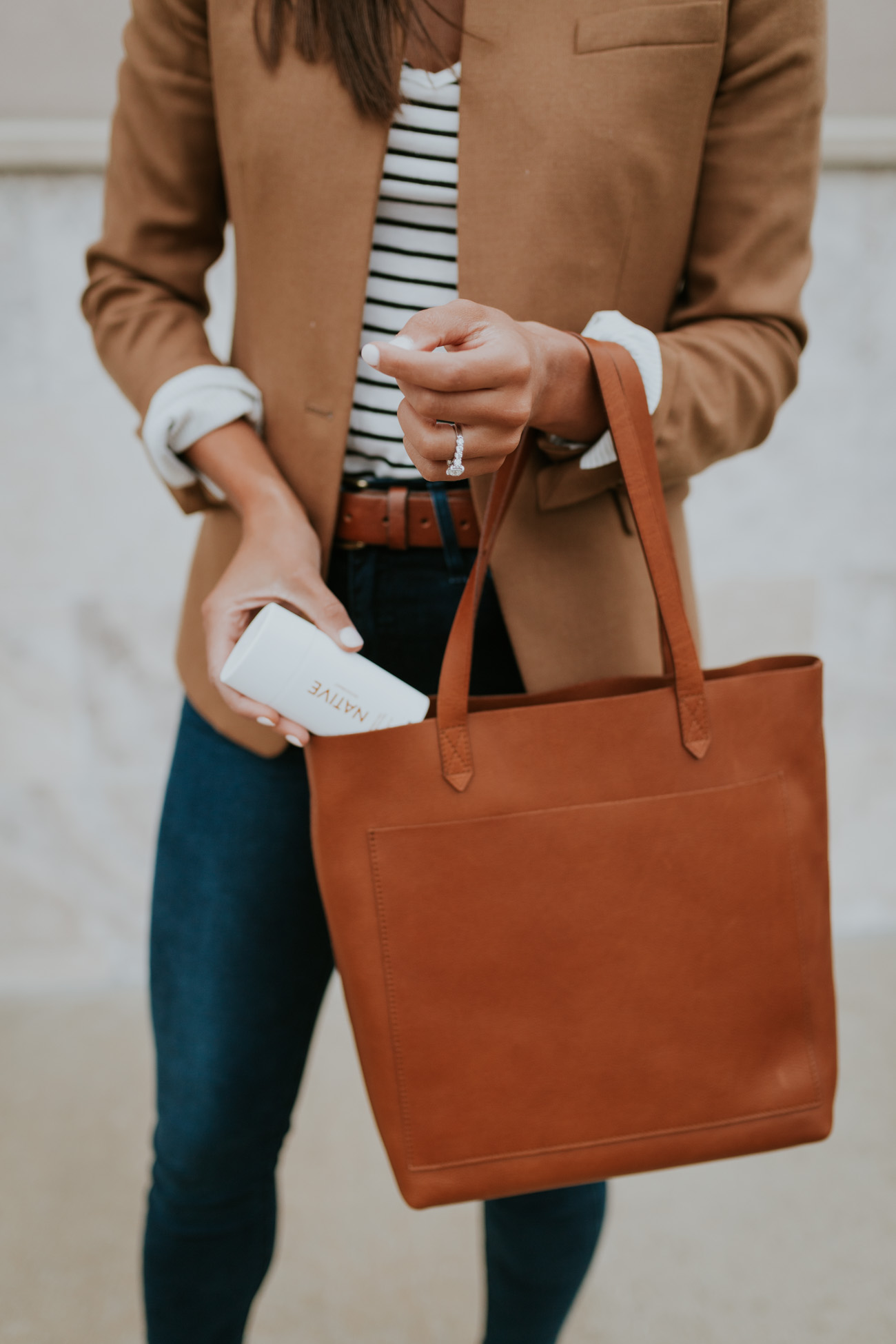 native deodorant, camel blazer, stripe tee, stripe top, cognac booties, fall booties, madewell transport tote, madewell tote // grace wainwright grace white a southern drawl