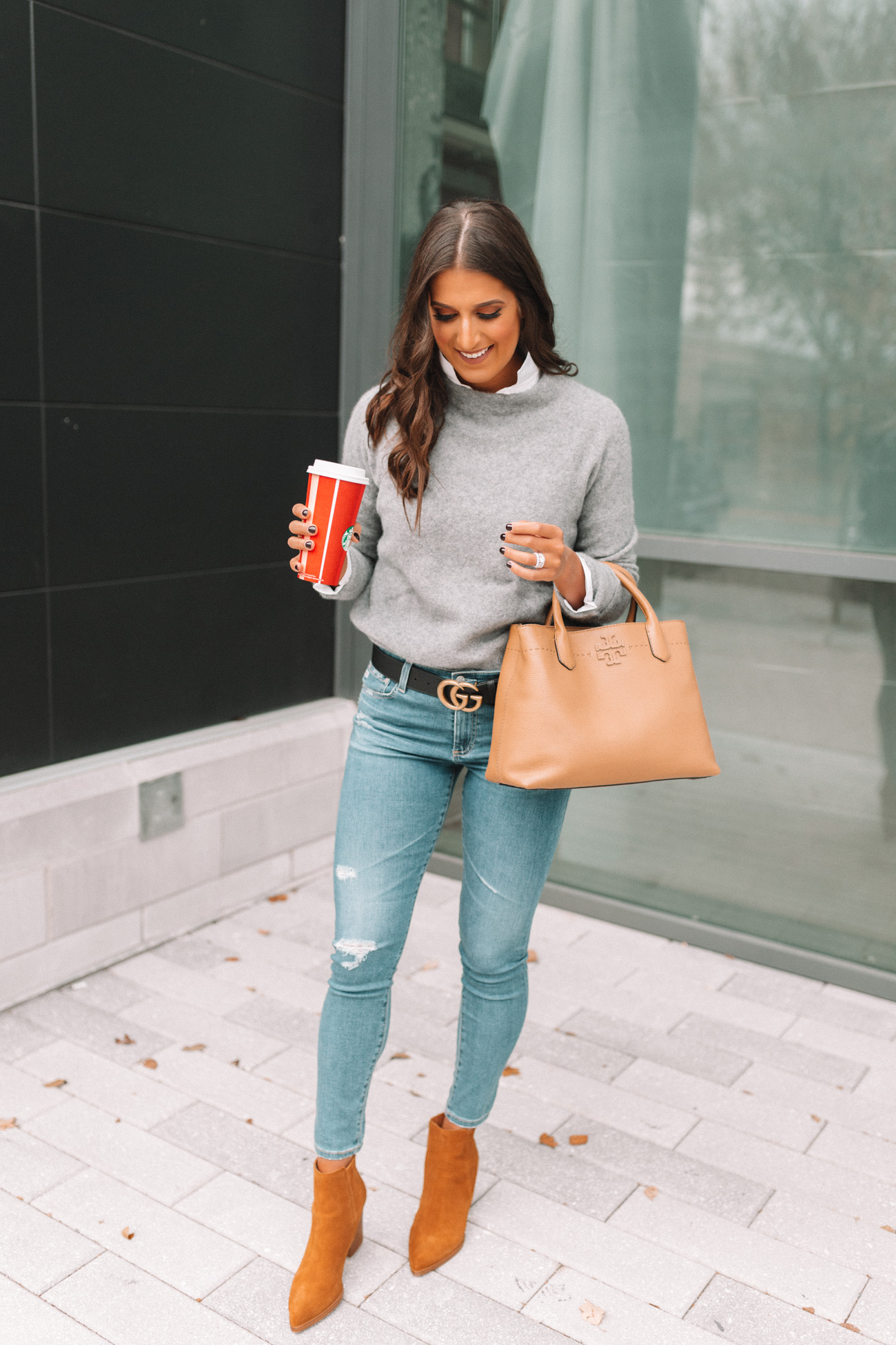 funnel neck cashmere sweater, cashmere turtleneck, gucci belt, ag jeans, ag distressed denim, tory burch mcgraw satchel, holiday style, holiday fashion // grace white a southern drawl