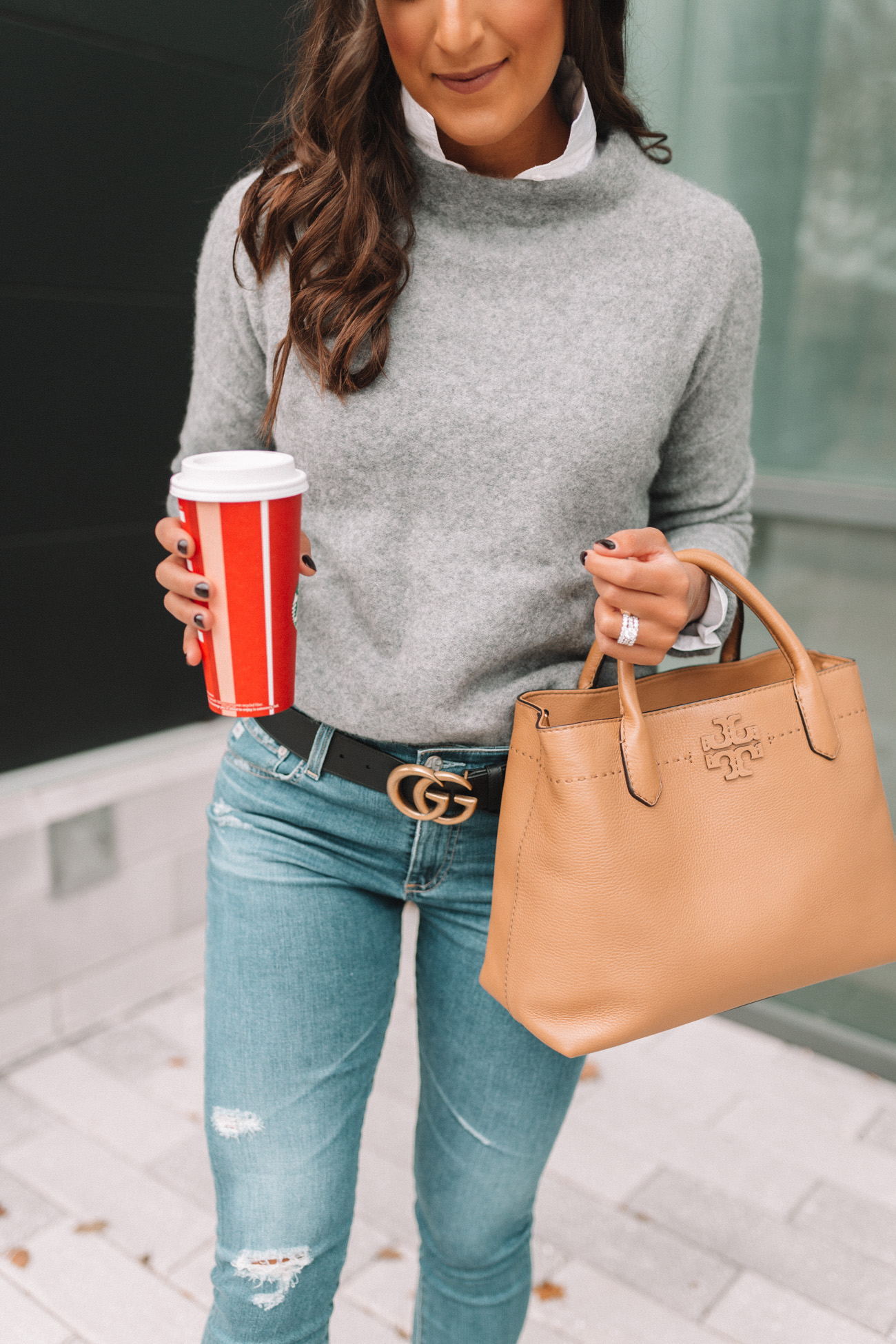 funnel neck cashmere sweater, cashmere turtleneck, gucci belt, ag jeans, ag distressed denim, tory burch mcgraw satchel, holiday style, holiday fashion // grace white a southern drawl