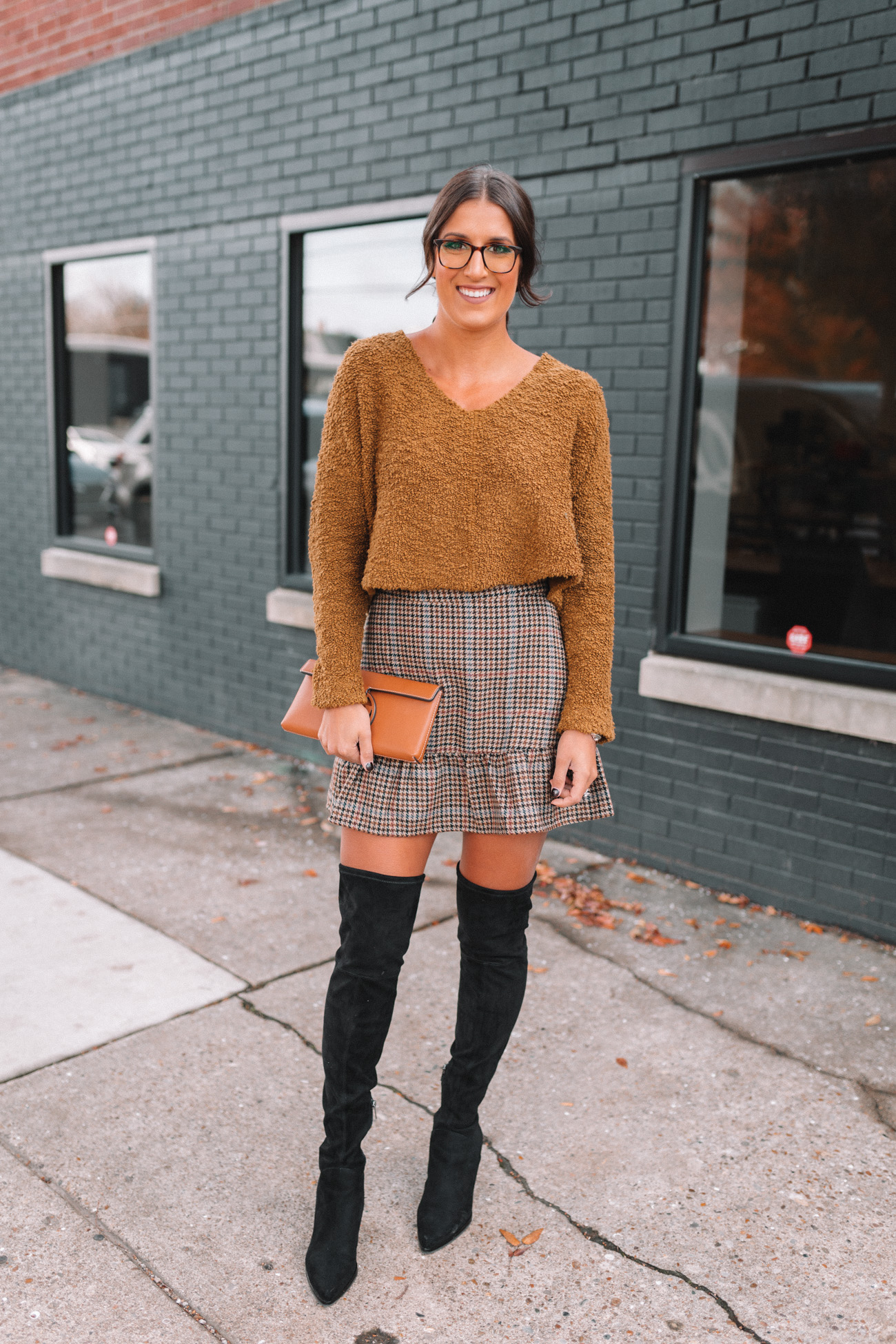 houndstooth mini skirt, over the knee boot, free people pullover, free people sweater, holiday style, winter style, winter fashion, holiday fashion // grace white a southern drawl