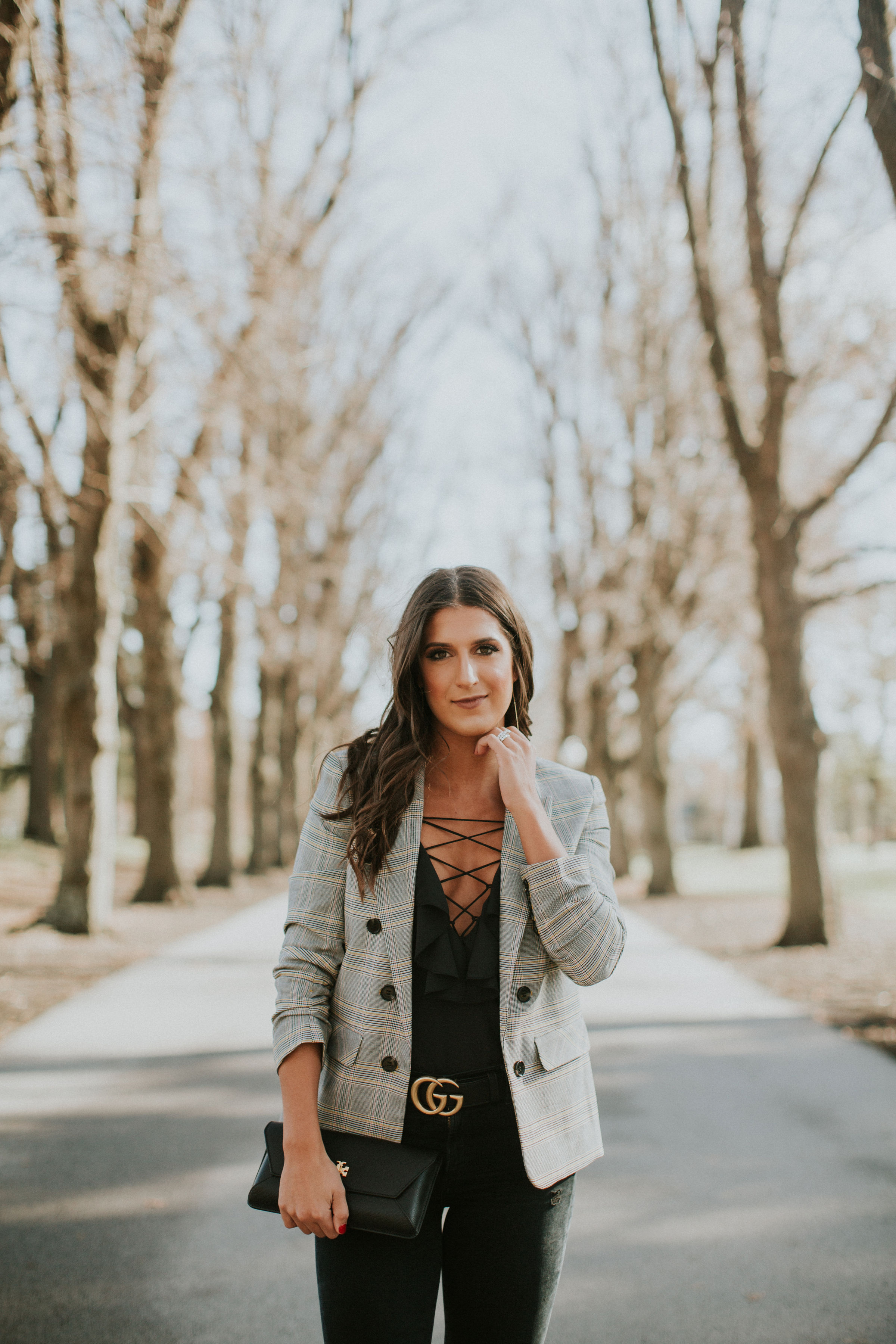 plaid blazer, lace up camisole, lace up cami, lace up top, distressed jeans, gucci belt, black gucci belt, winter style, winter fashion // grace white a southern drawl