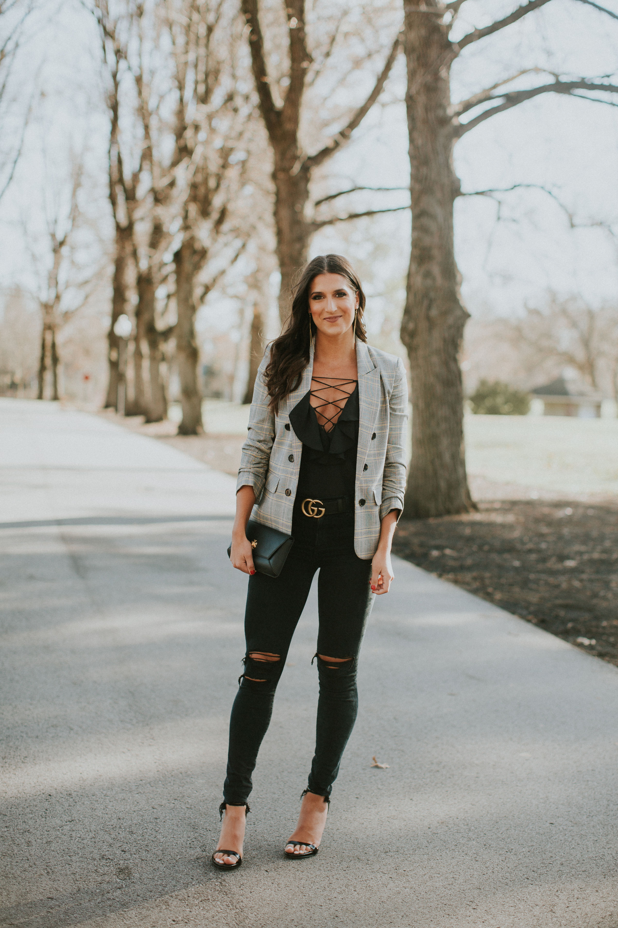 plaid blazer, lace up camisole, lace up cami, lace up top, distressed jeans, gucci belt, black gucci belt, winter style, winter fashion // grace white a southern drawl