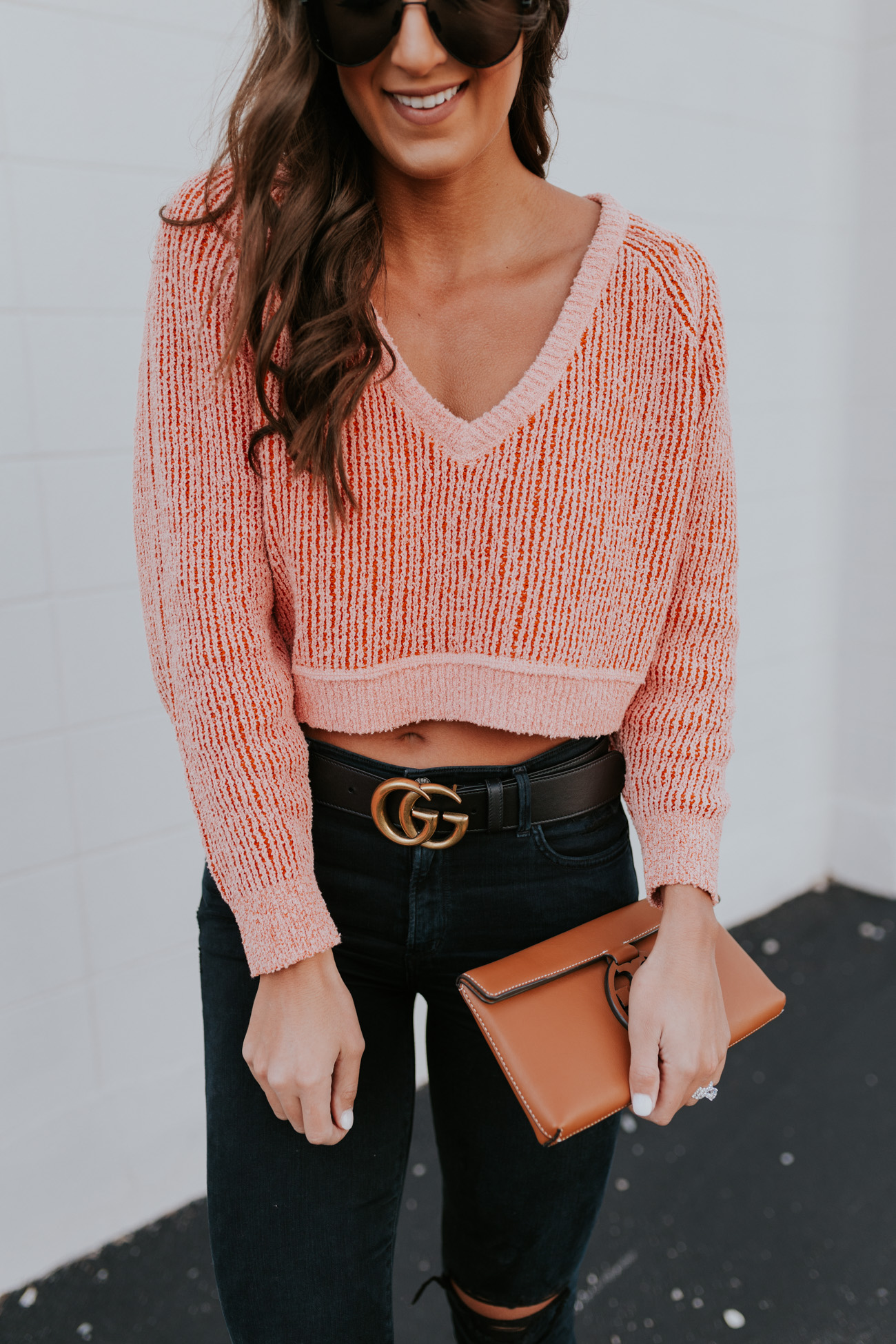 blush pink pullover, winter style winter fashion, winter outfit, gucci belt, tory burch miller clutch, free people pullover, diff eyewear // grace white a southern drawl