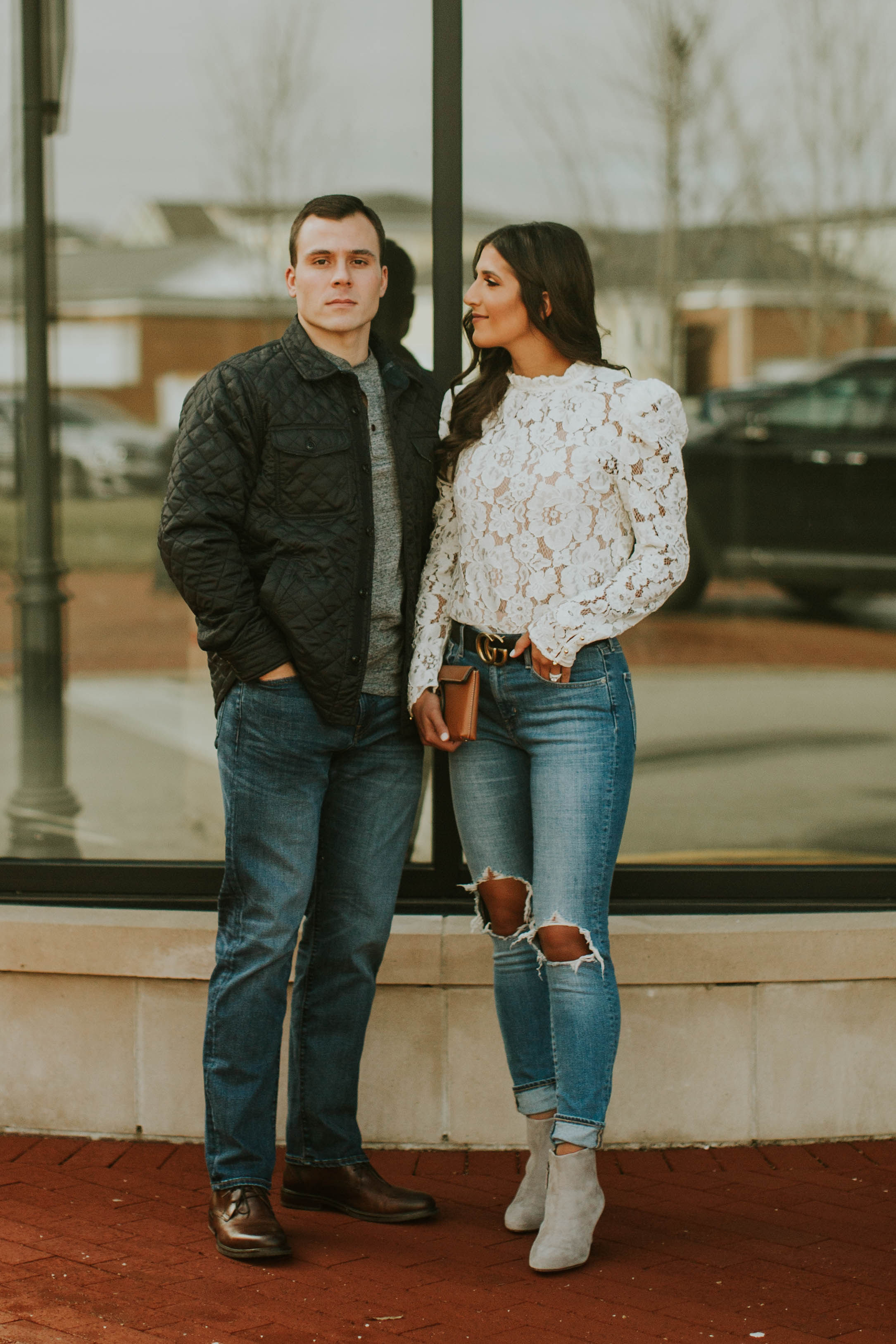 couples style, spring booties, spring shoes, johnston and murphy, jordan white louisville kentucky, grace white, a southern drawl, lace top, lace puff sleeves top, feminine outfit, feminine look, men's style, men's quilted jacket, wayf puff sleeve lace top