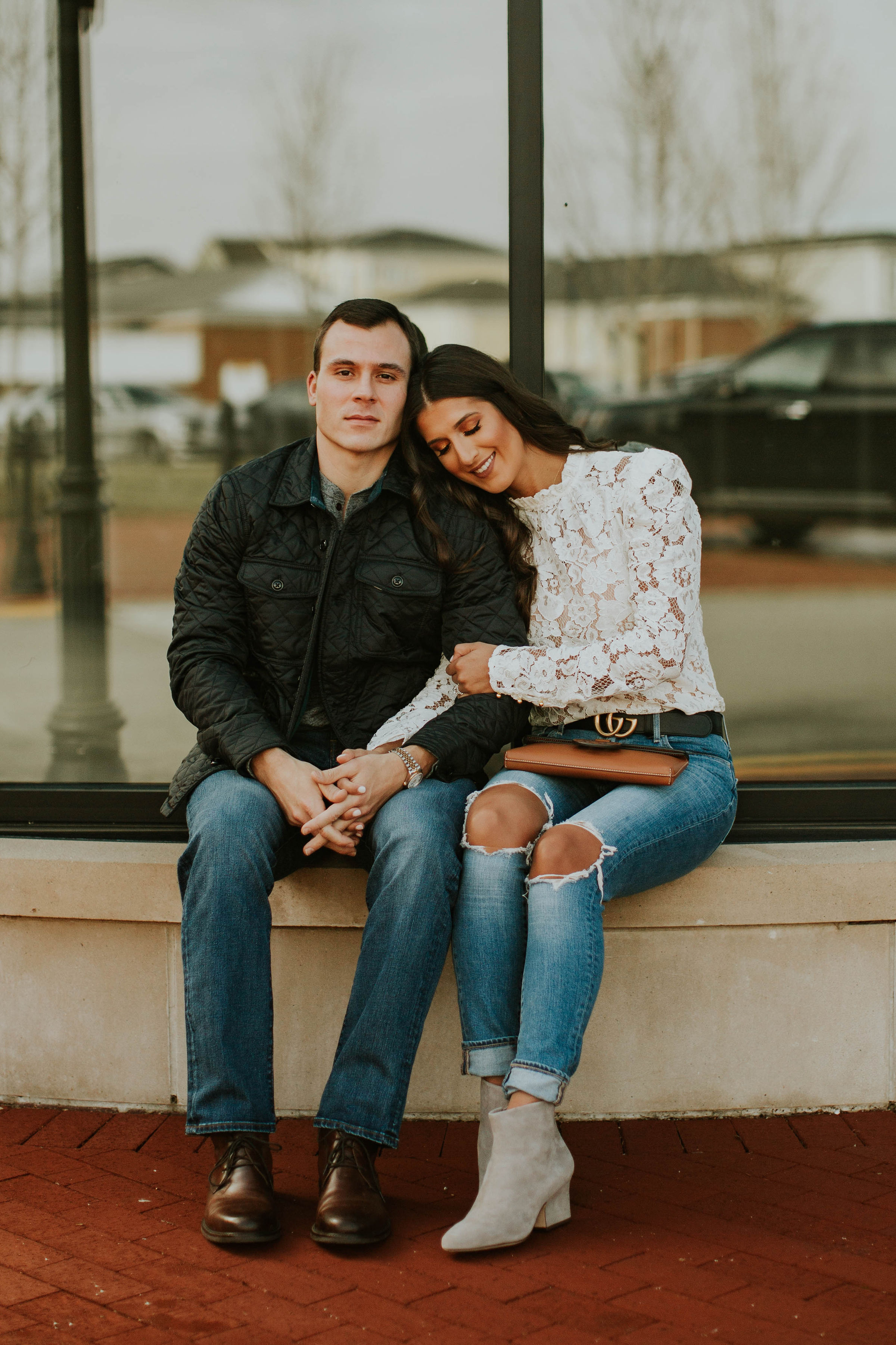 couples style, spring booties, spring shoes, johnston and murphy, jordan white louisville kentucky, grace white, a southern drawl, lace top, lace puff sleeves top, feminine outfit, feminine look, men's style, men's quilted jacket, wayf puff sleeve lace top