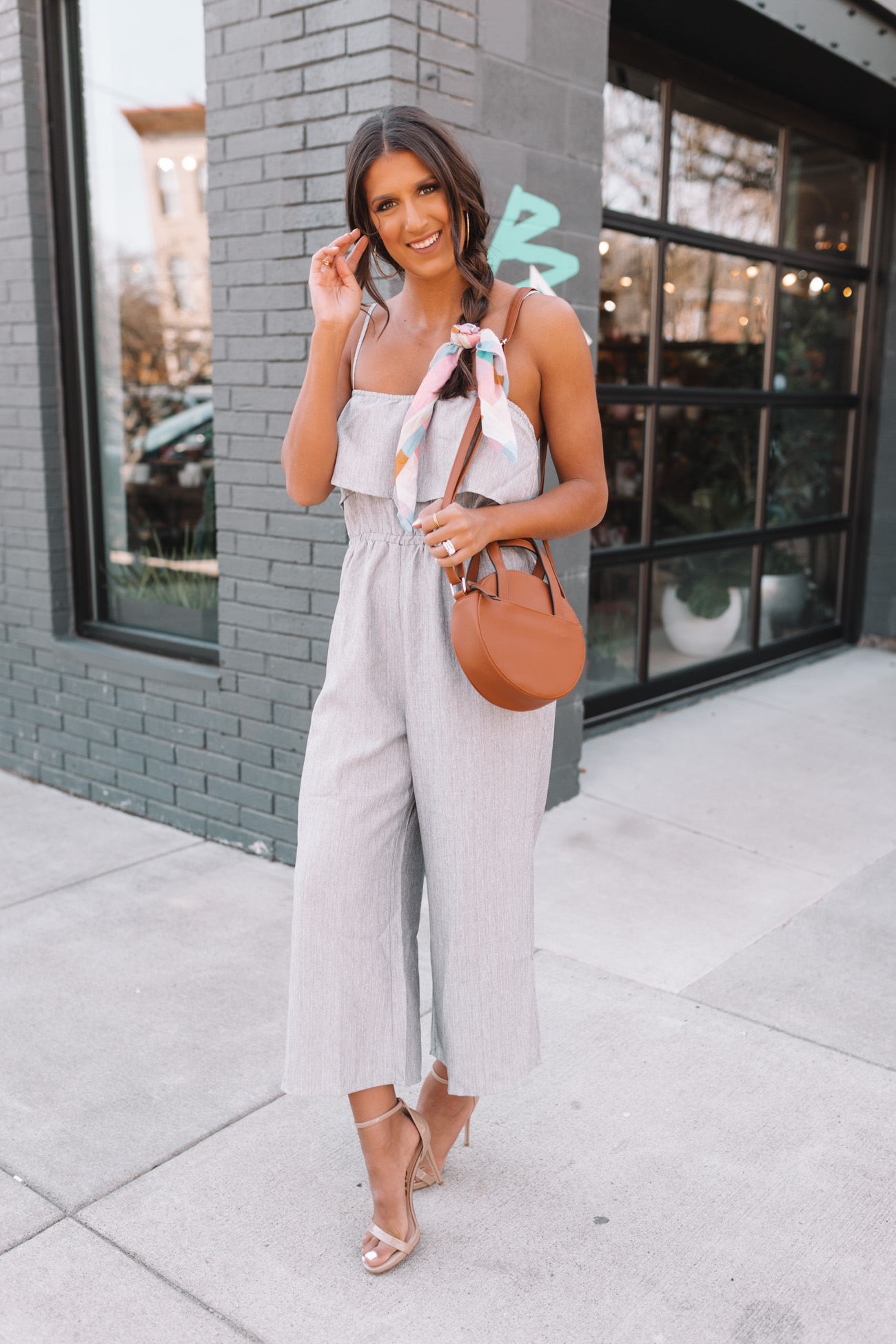 ruffle jumpsuit, cami jumpsuit, affordable jumpsuit, affordable style, hair braid, hair scarf, easy braids, steve madden stecy sandal, saddle crossbody bag, spring jumpsuit, spring style, walmart we dress america // grace white a southern drawl