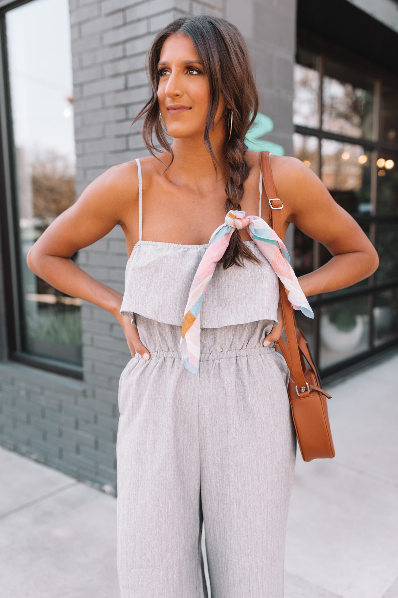 ruffle jumpsuit, cami jumpsuit, affordable jumpsuit, affordable style, hair braid, hair scarf, easy braids, steve madden stecy sandal, saddle crossbody bag, spring jumpsuit, spring style, walmart we dress america // grace white a southern drawl