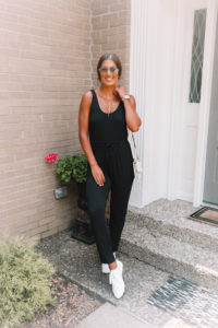 casual black jumpsuit, bp nordstrom, nordstrom jumpsuit, nordstrom necklace, baublebar necklace, white sneakers // grace white a southern drawl