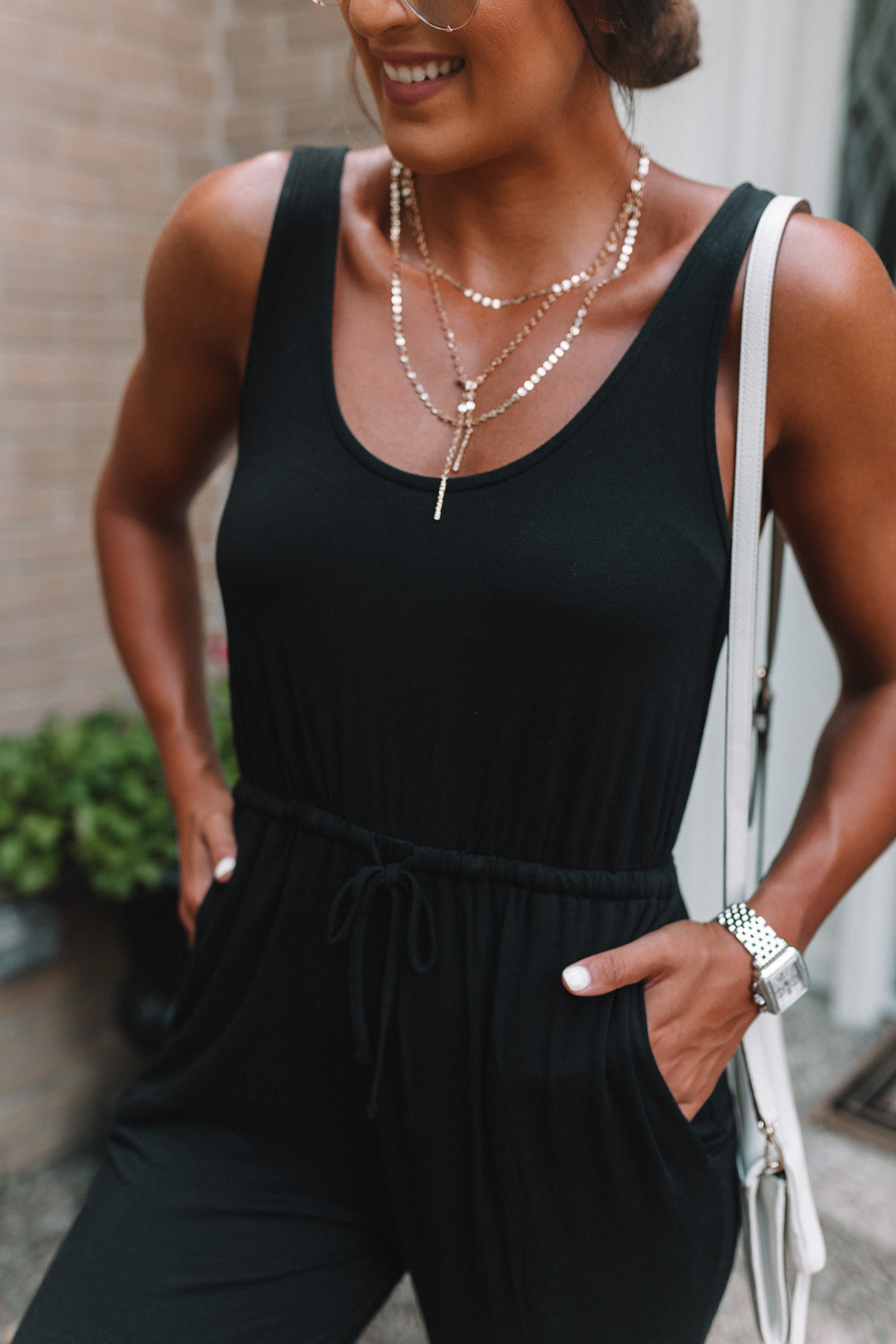 casual black jumpsuit, bp nordstrom, nordstrom jumpsuit, nordstrom necklace, baublebar necklace, white sneakers // grace white a southern drawl