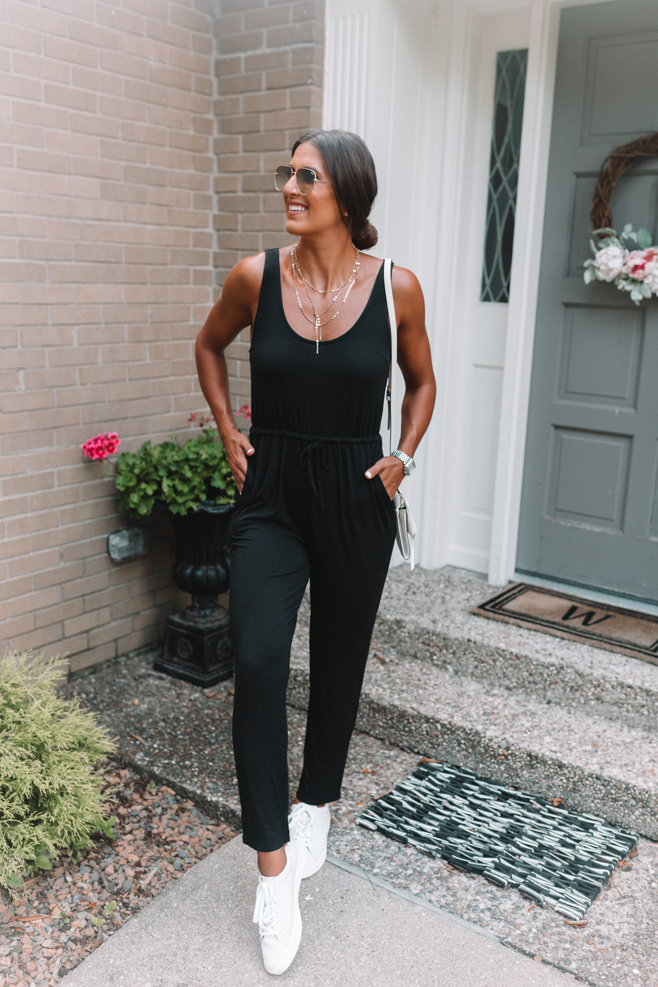 casual black jumpsuit, bp nordstrom, nordstrom jumpsuit, nordstrom necklace, baublebar necklace, white sneakers // grace white a southern drawl