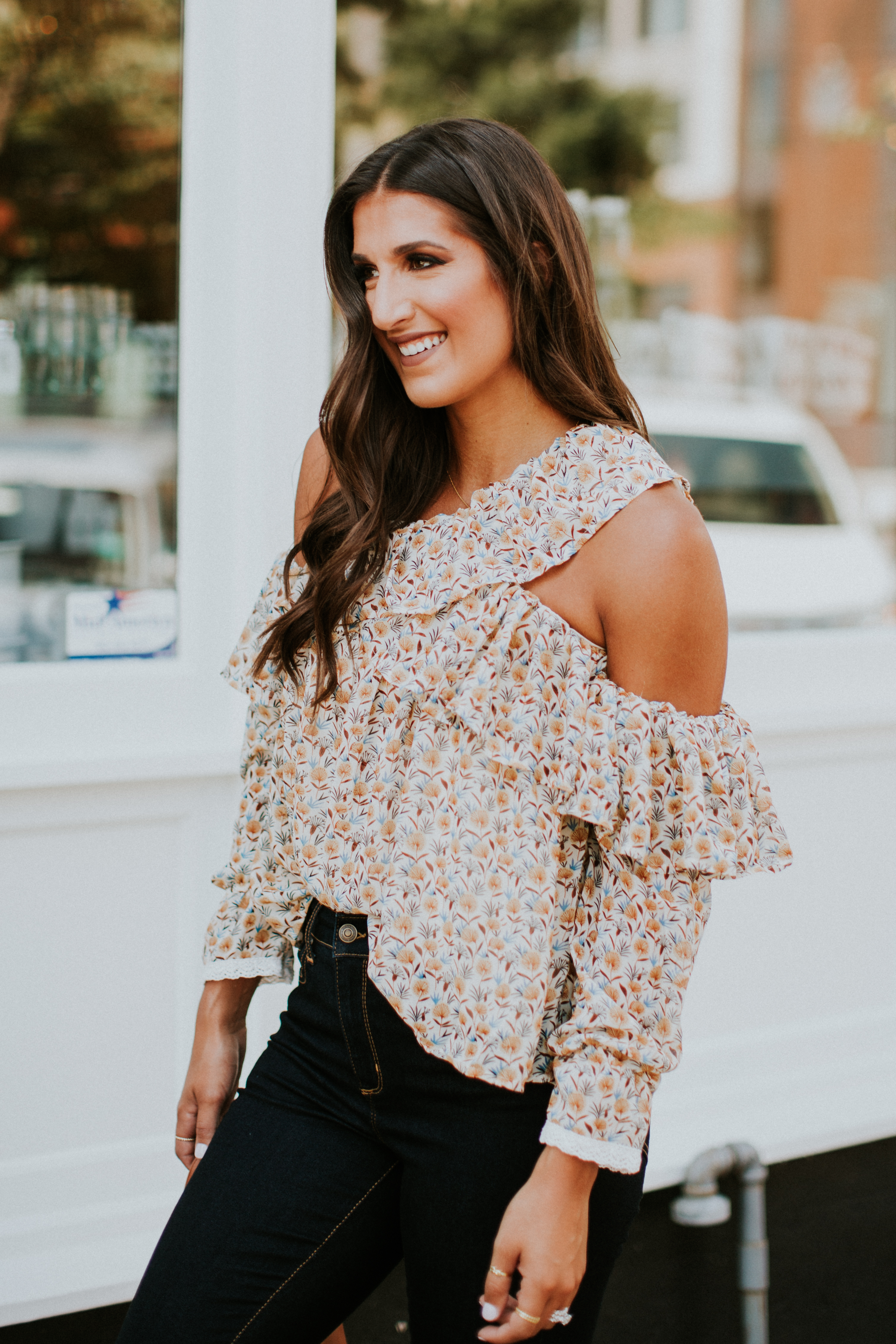 ruffle cold shoulder top, walmart top, walmart outfit, affordable style, cold shoulder blouse, affordable fashion // grace white a southern drawl