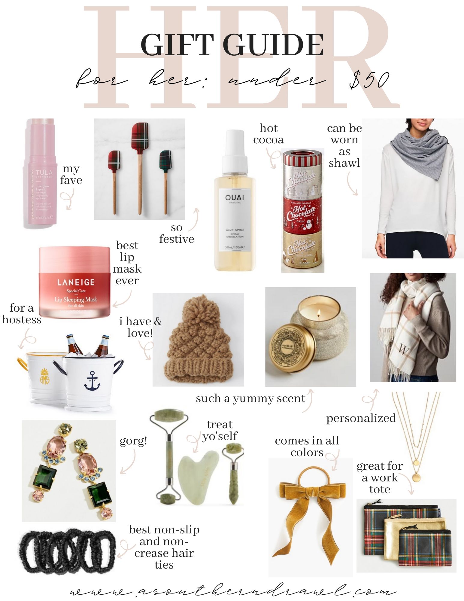 gift guide for her, christmas gift guide for her, under $50 gift guide, female gift guide 2019, holiday gift ideas for her // grace white a southern drawl