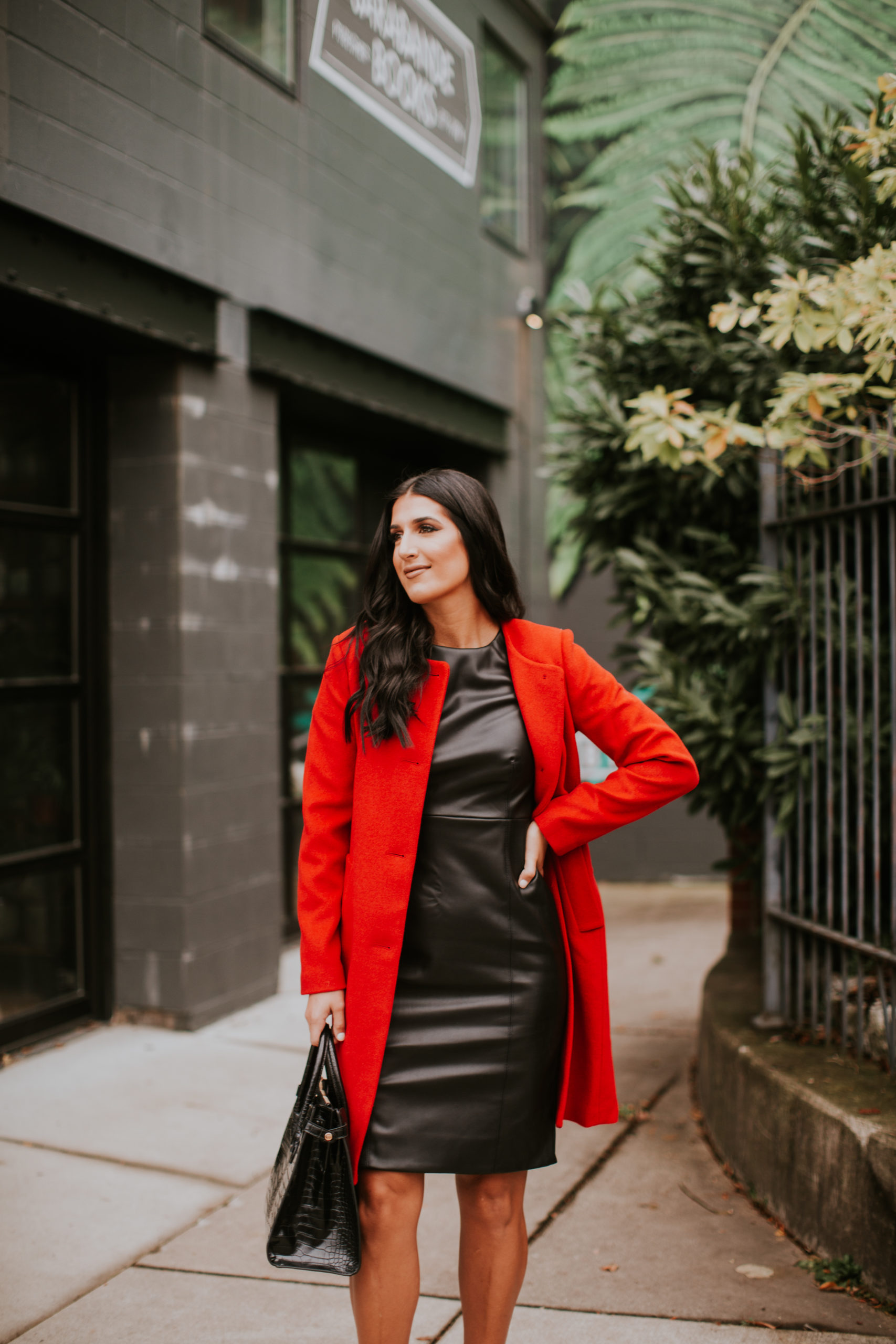 festive holiday coat, red coat, red peacoat, jewel neck coat, faux leather dress, faux leather sheath dress, work outfit, work dress, holiday work outfit // grace white a southern drawl